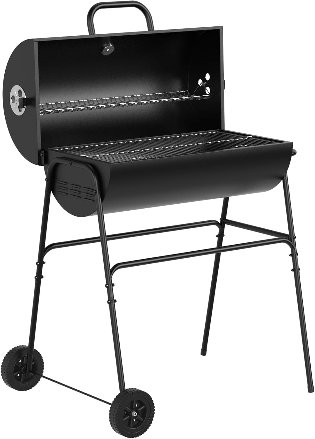 House Of Home XL Barrel Charcoal BBQ Grill – Large Black Smoker with Thermometer, Wheels, Ash Catcher & Side Vents – Portable Garden Coal Barbecue for Outdoor Cooking