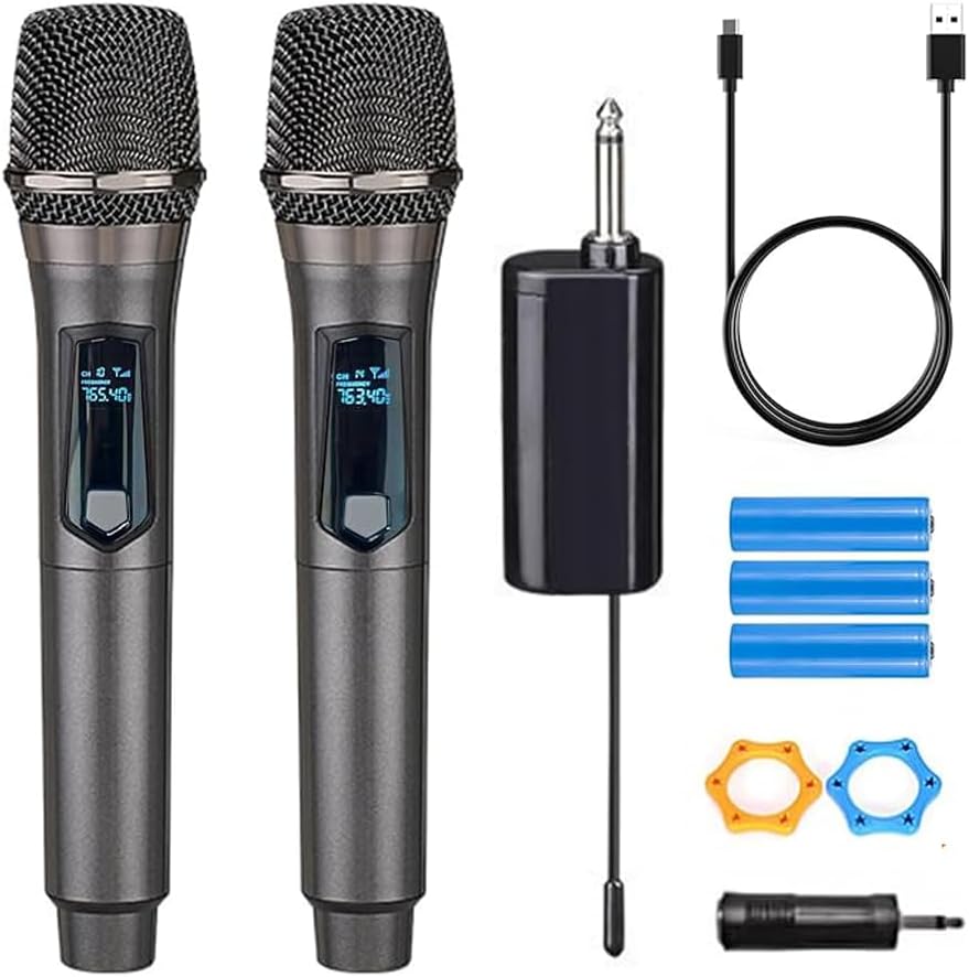 Wireless Microphone, Rechargeable Fixed Frequency Wireless Dual Microphone, Dual Handheld Dynamic Microphone,Karaoke Singing, Weddings DJ,Party, Church, Classroom use, 200 feet, Gray