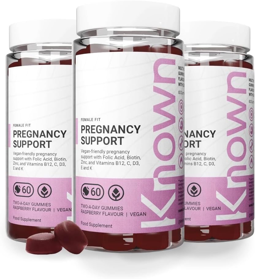 Known Pregnancy Support Gummies with 400mcg Folic Acid – Raspberry Flavour – Vegan Prenatal Multivitamin Gummy Supplement – with Vitamin D3, K, C, E, B12, Biotin & Zinc – 3 Month Supply