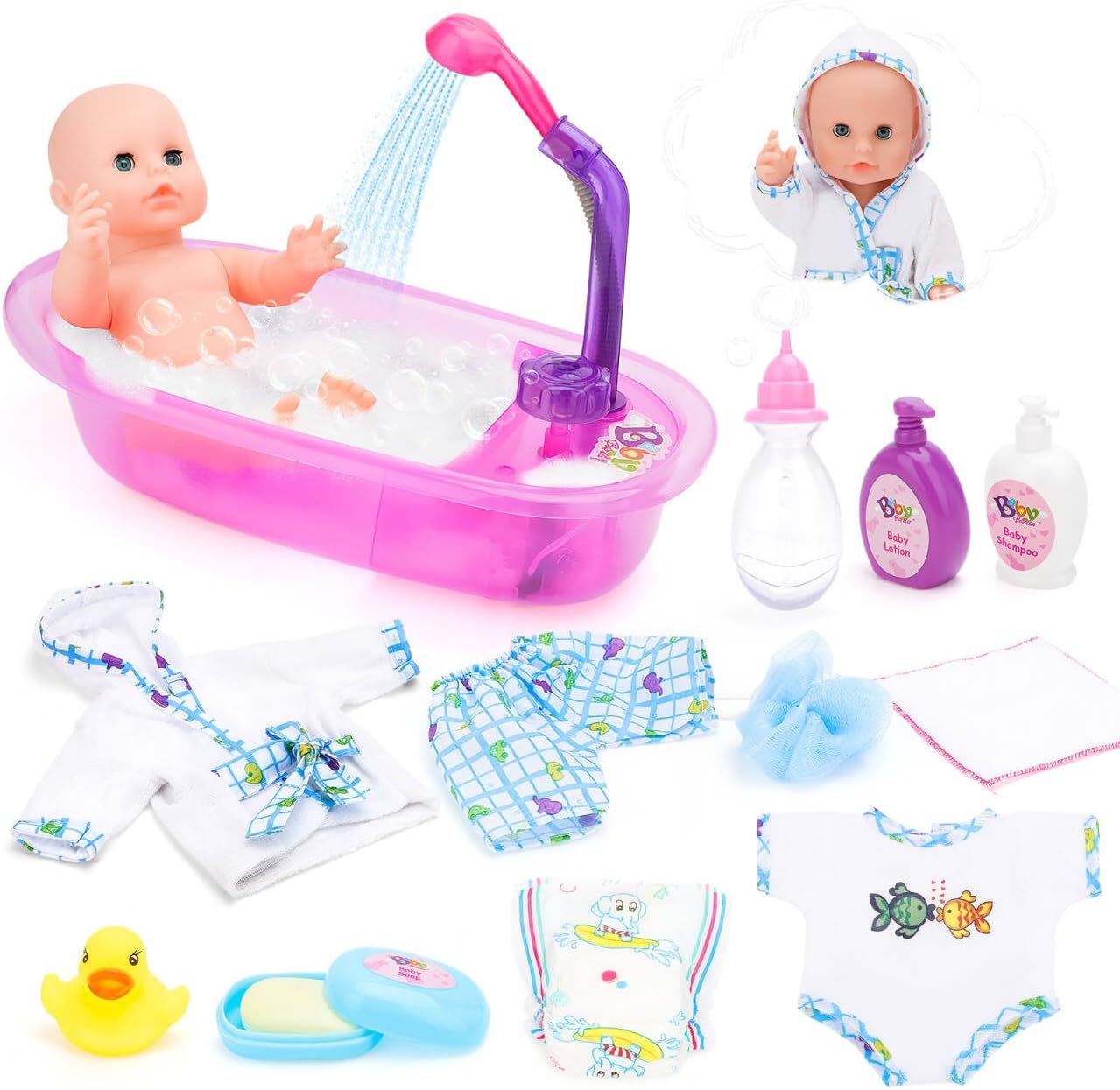 deAO Baby Doll Bath Play Set with Real Water Faucet Function and Baby Doll Accessories, Baby Doll Clothes, Dolls for 3 4 5 6 7 8 Year Olds Girls, Birthdays for Girl