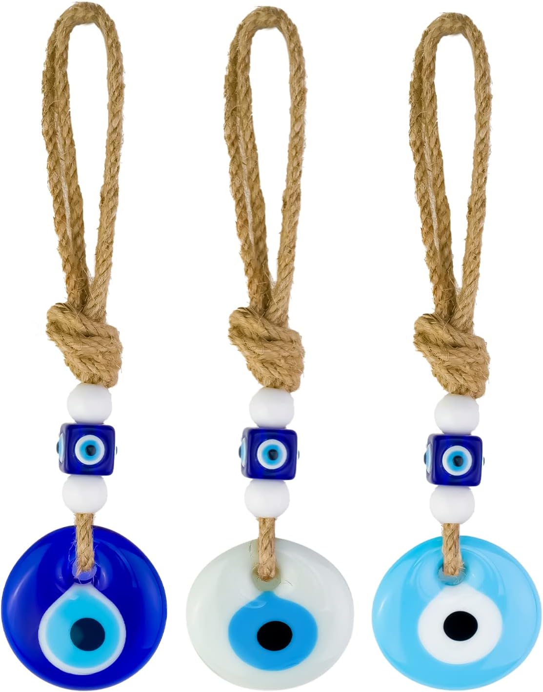 BCS Evil Eye Car Hanging Ornament Rear View Mirror Accessories 1.8" W x 9" L Glass Decor Turkish Greek Nazar Amulet Good Luck & Protection Charm Ojo Turco para Carro Navy, White, Light Blue Set of 3