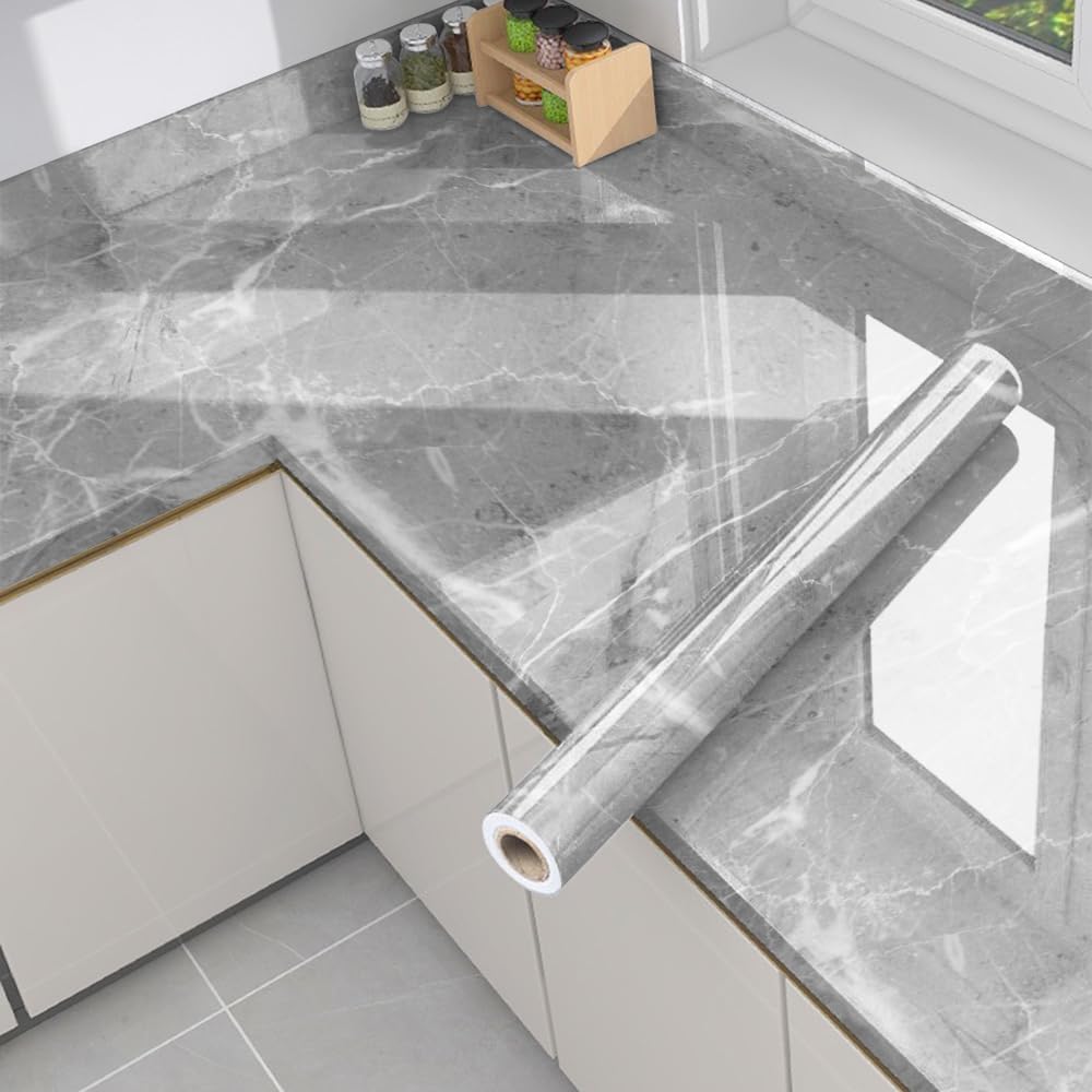 Marble Contact Paper,Wallpaper Peel and Stick Kitchen,Marble Wallpaper Vinyl Waterproof Contact Paper for Cabinets Countertops Wall Covering 17.7''x393.7'' Grey2