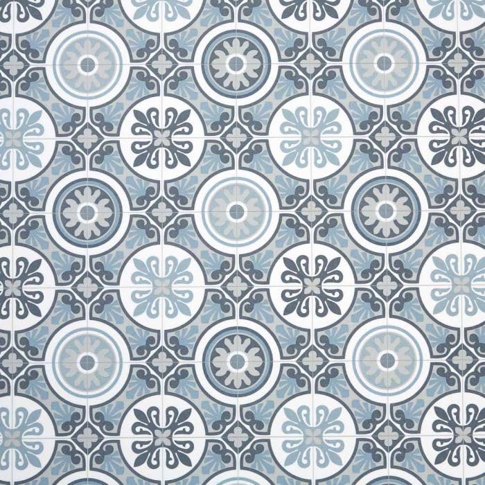 Moroccan Tile Design Cushion Vinyl Flooring Sheet White Grey & Blue Patterned Non Slip Lino Conservatory Kitchen Bathroom Floor (Tangier 09, 2m x 3m)