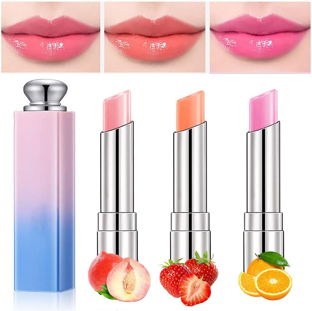 3Pcs Color Changing Lipstick Lip Balm Set- Crystal Jelly Lip Gloss, Long Lasting Nutritious Tinted Lip Balm Moisturizer Magic Temperature Color Change Lip Gloss for Women