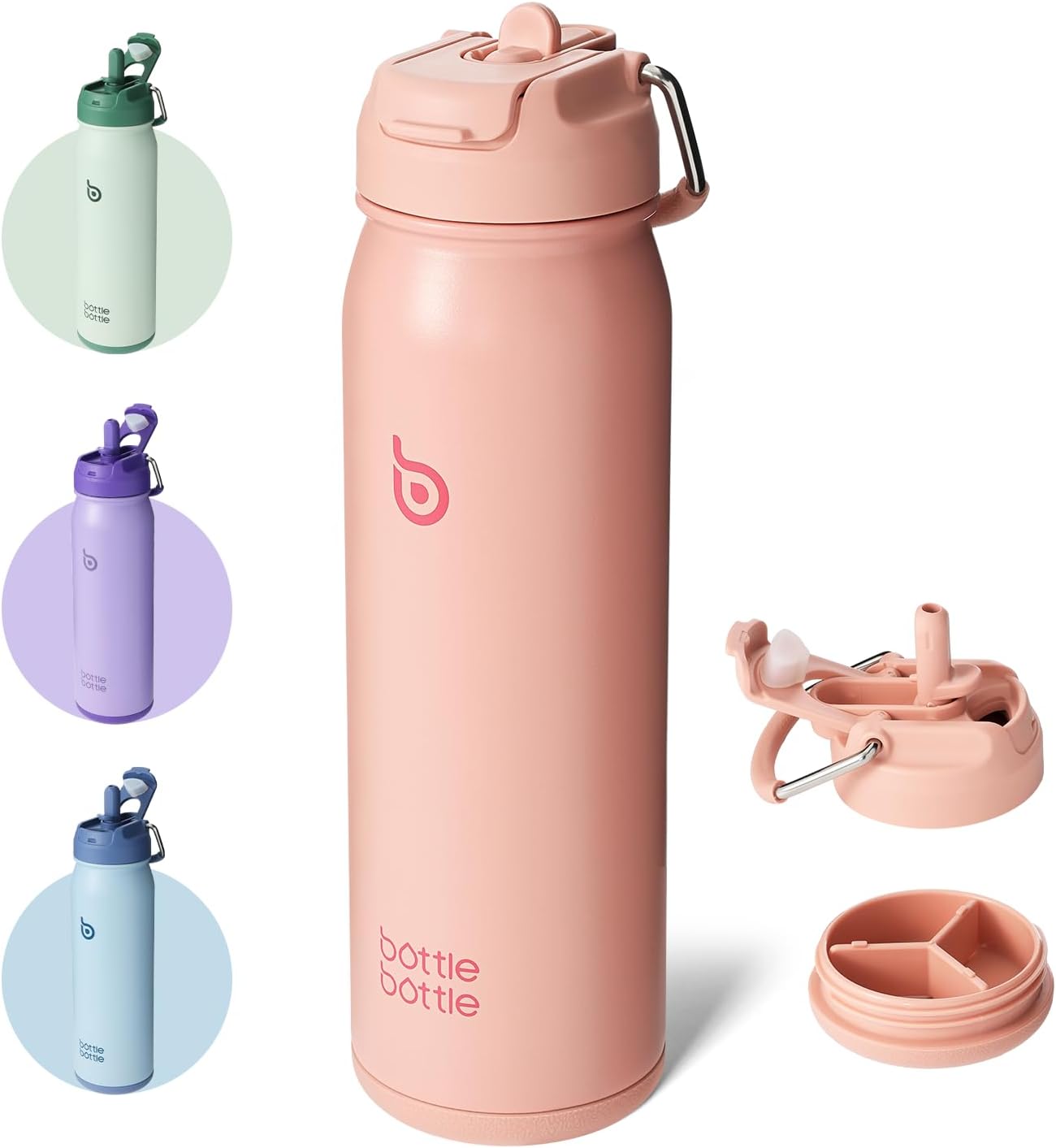 BOTTLE BOTTLE Insulated Water Bottle Stainless Steel 700ml（24oz） Bike Water Bottles with Straw and Adjustable Lid Daily Drink Flask Pill Organizer (salmon)