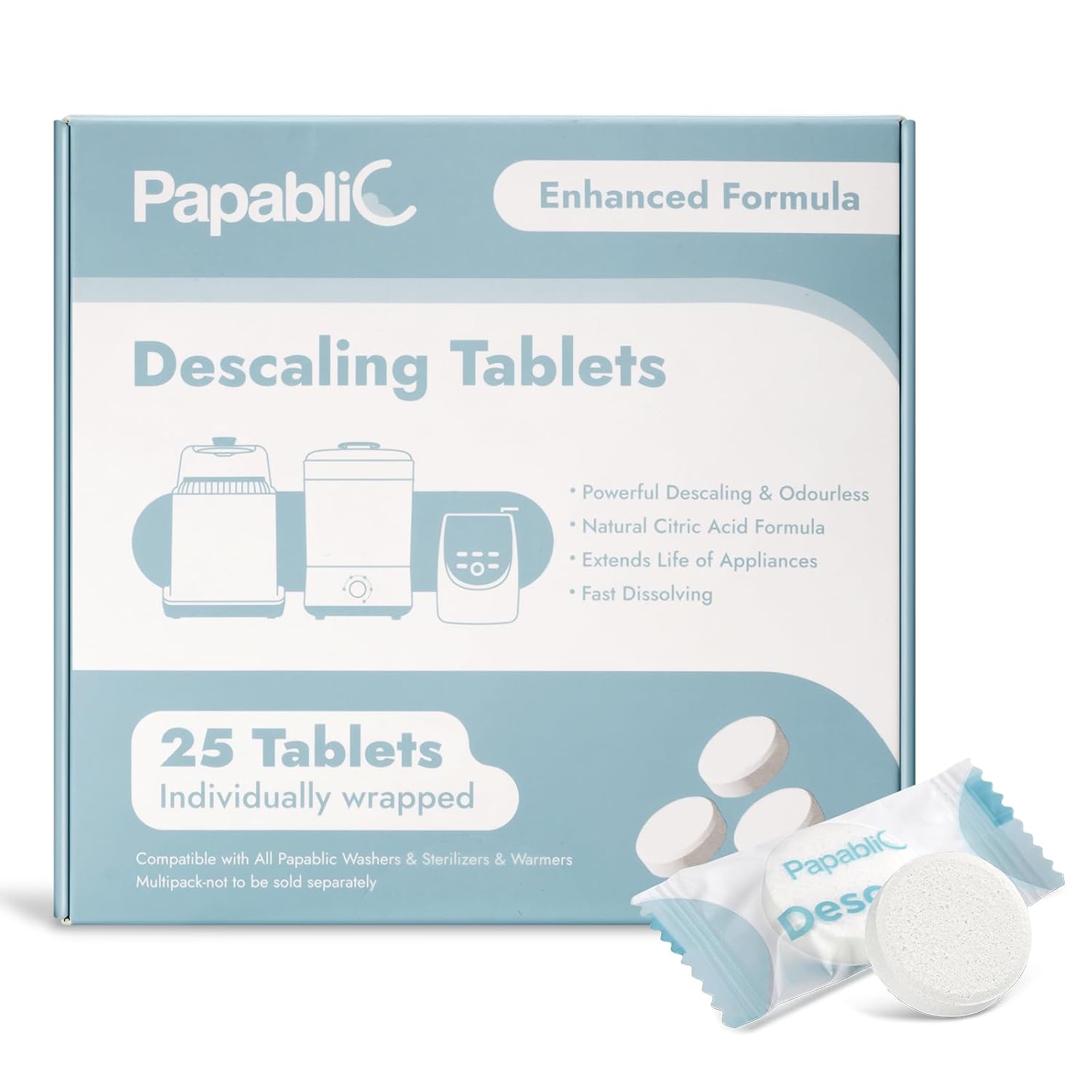 Papablic Descaling Tablets, 25 Count – Compatible with Baby Brezza, Momcozy, Papablic Bottle Washer, Warmer, Sterilizer & Formula Maker – Removes Milk & Limescale for Better Performance