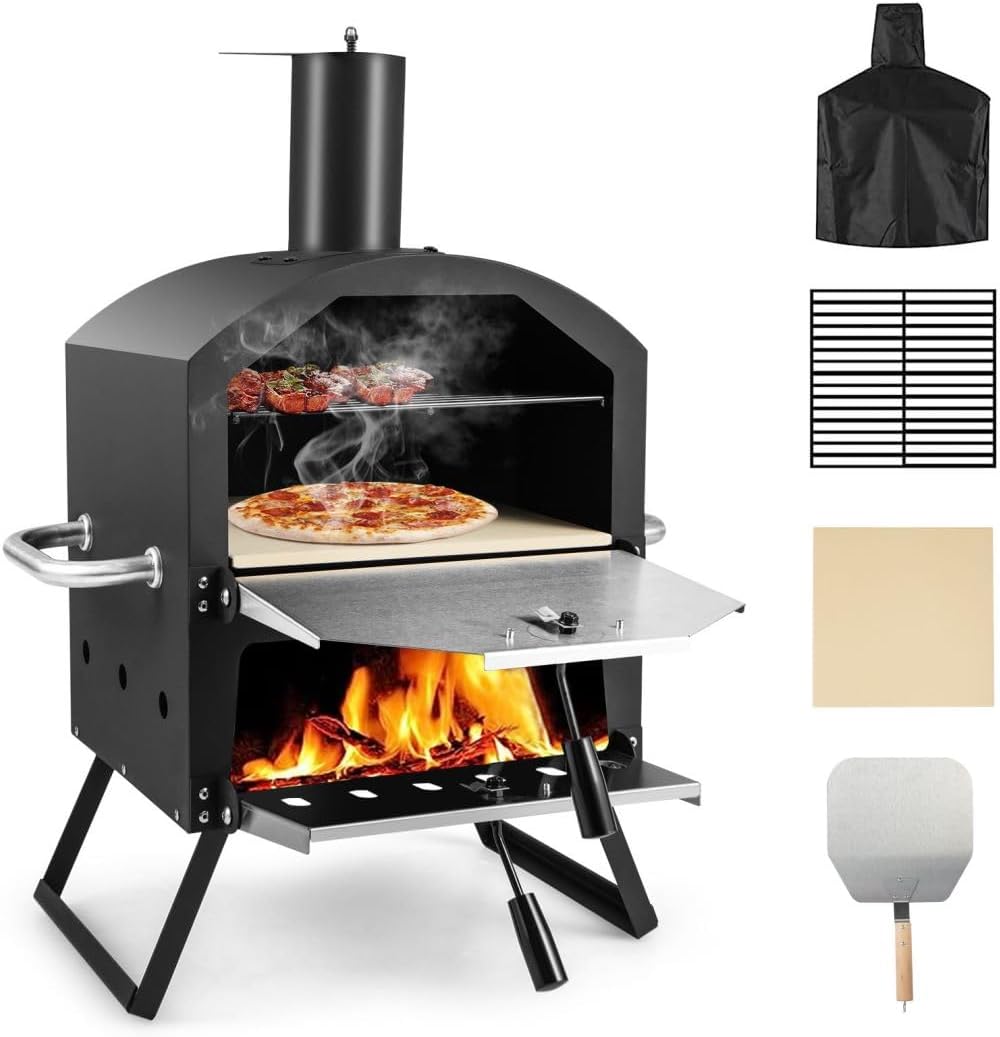 TANGZON Outdoor Pizza Oven, 2 Tier Wood-fired Pizza Maker with Waterproof Cover & Pizza Stone, Outdoor Garden Patio BBQ Pizza Cooker for Meat Fish Veg (with 1 Grill, 54 x 31 x 72 cm)