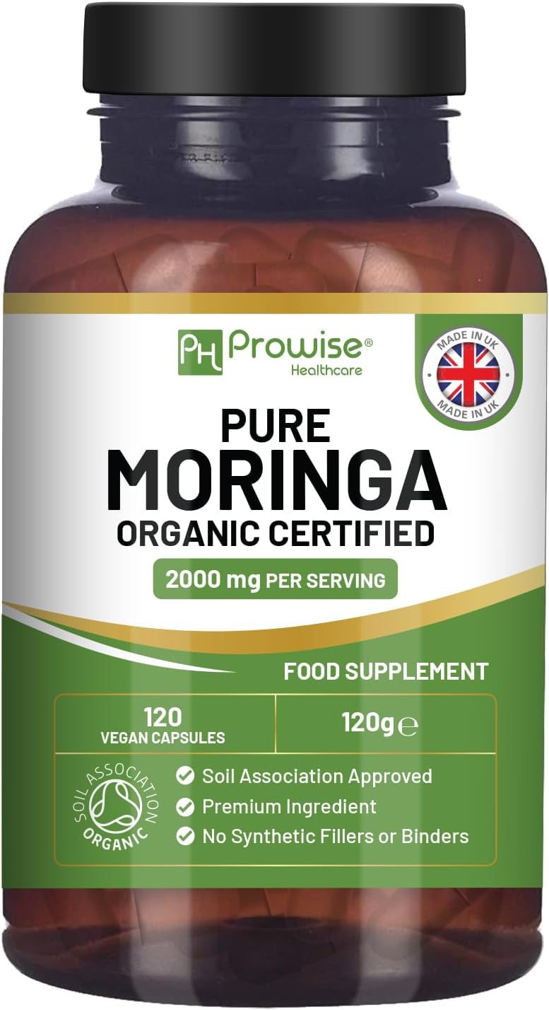 Organic Moringa 2000mg per Serving 120 Vegan Capsules | Moringa Oleifera Leaf Supplement | 100% Natural Soil Association Organic Certified | No Synthetic Binders or Fillers by Prowise