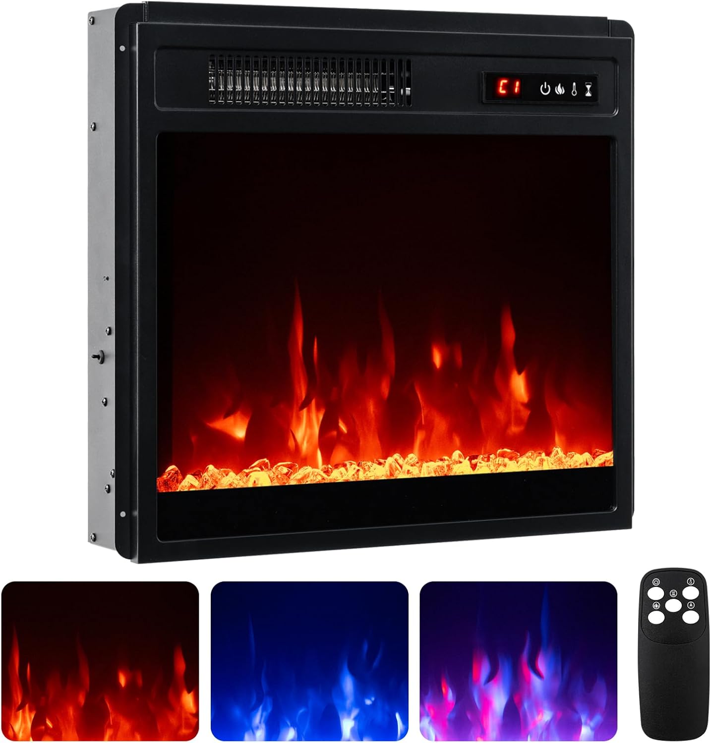 COSTWAY 20”/50cm Electric Fireplace, Recessed Freestanding Fire Heater with 3 Flame Color, 5 Brightness, Adjustable Thermostat, Remote Control & Overheat Protection (20”, 750W/1500W, with Crystals)