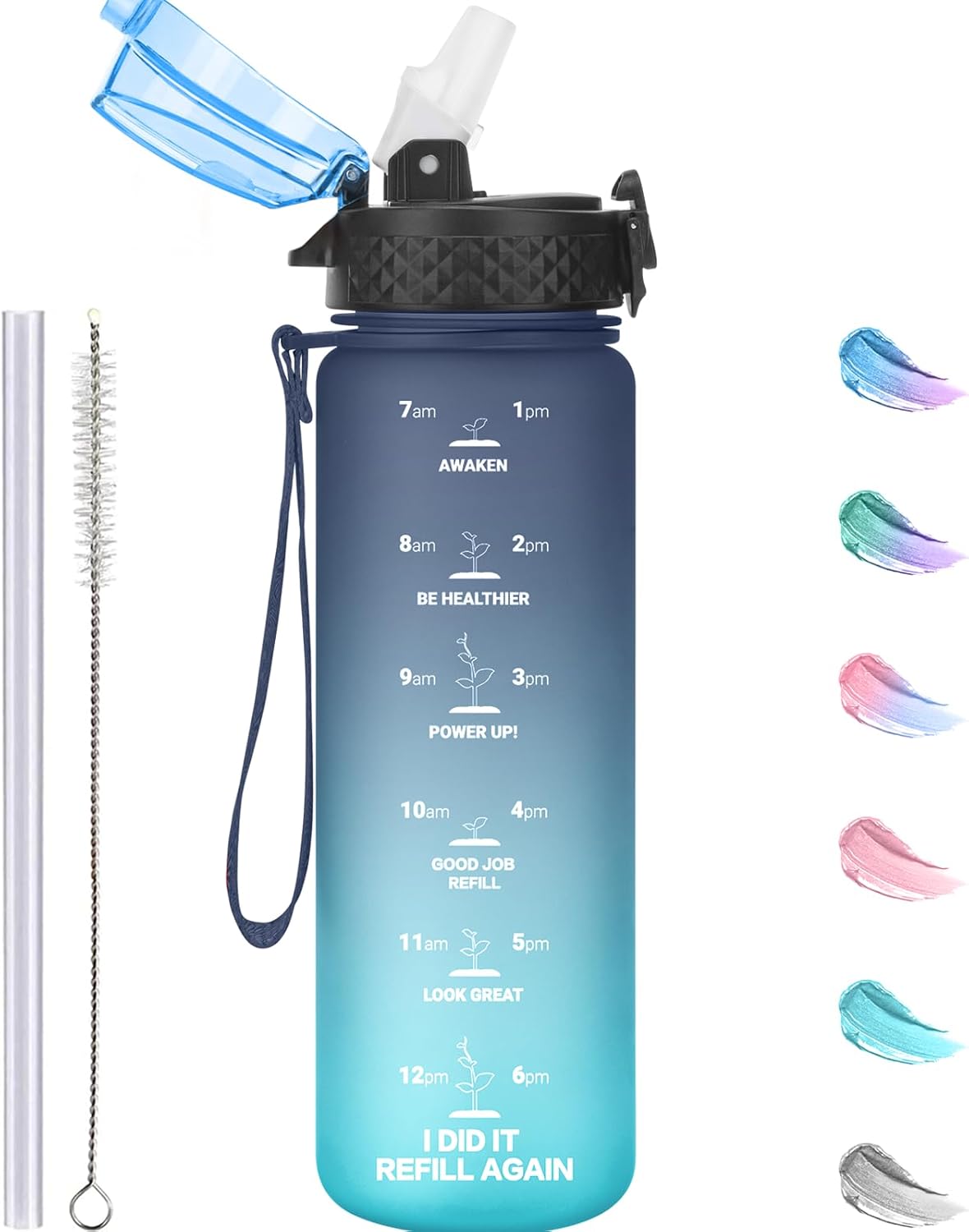 GOPPUS 500ml/17oz Kids Water Bottles with Straw Tritan Childrens Bottle with Flip Top Lid BPA Free Measured Drinks Bottles with Strap for School Girls Boys Sports Reusable Time Markings Leakproof