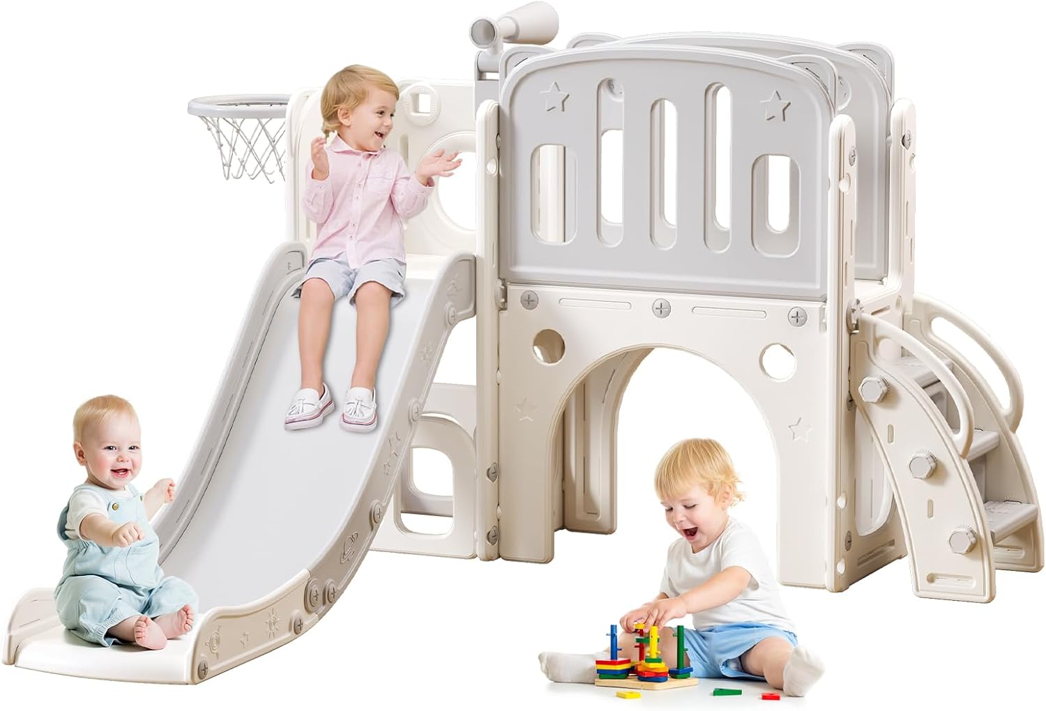 8 in 1 Toddler Slide for Toddlers Age 1-3, Extra-Long Slide with Basketball Hoop Indoor and Outdoor Baby Climber Playset Playground Freestanding Slide (Medium, White+Grey)
