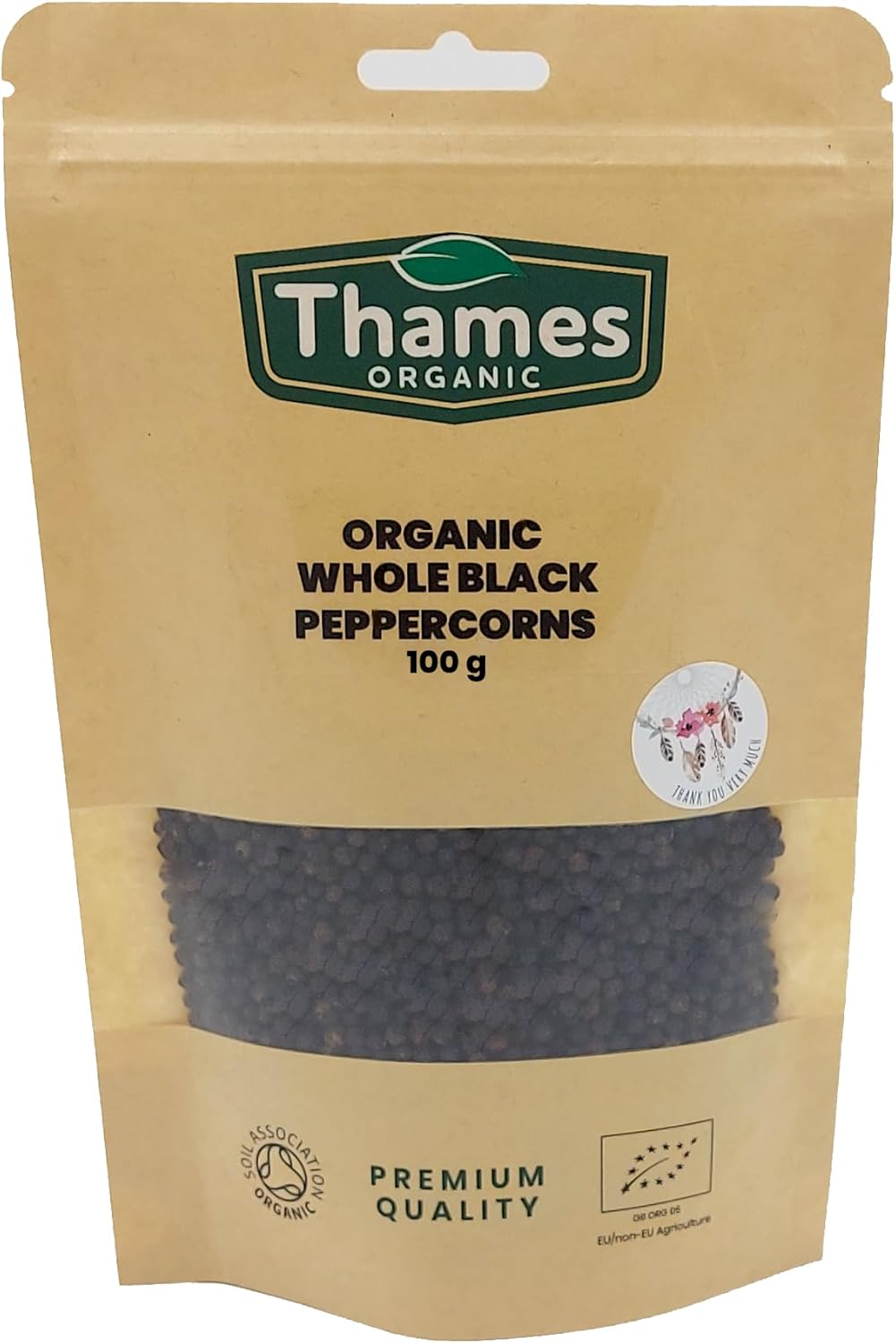 Organic Whole Black Peppercorns-Certified Organic, Non-GMO, Vegan, No Additives, No Preservatives, Resealable Bag by Thames Organic 100g