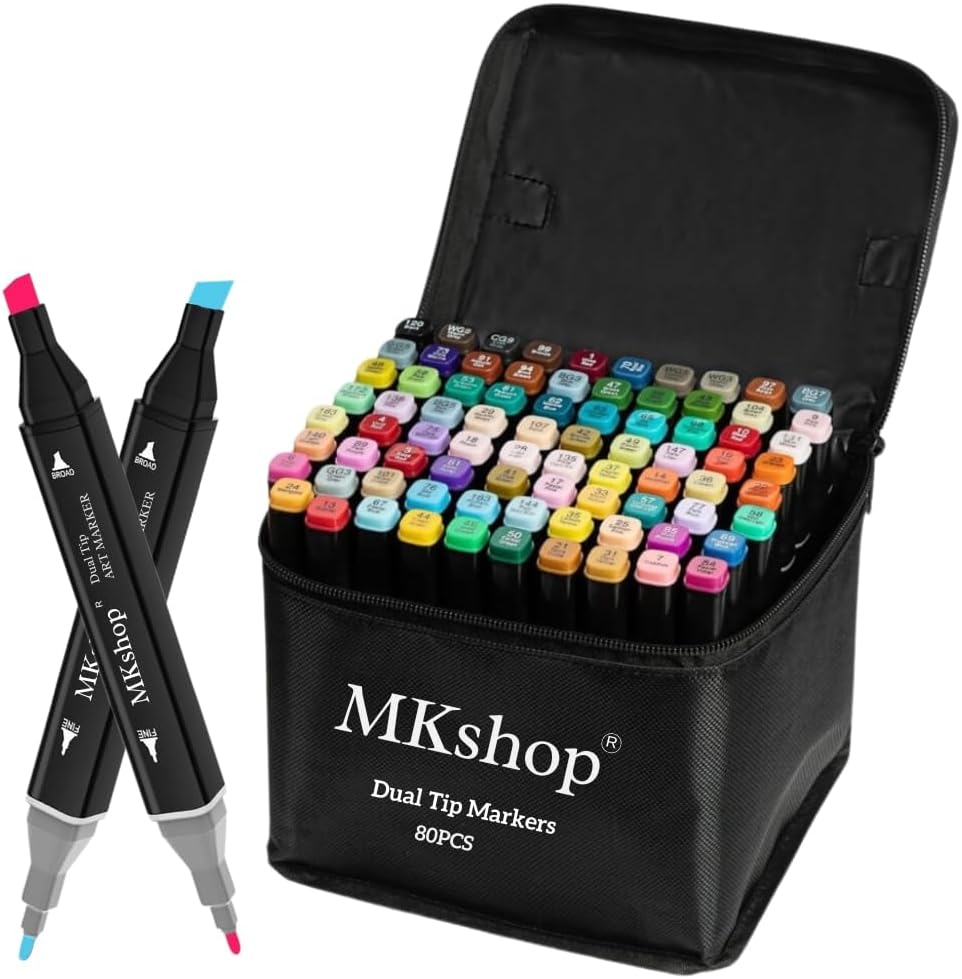 MKshop 80 +2 Colors Markers Pens Set, Permanent Art Marker Pens for Kids and Adults, Double Tipped Graphic Marker Pen for Manga/Anime/Fun doodling, Colouring pens for adults.