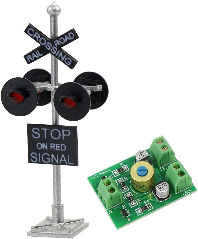 JTD876RP 1 Set HO Scale Railroad Train/Track Crossing Sign 4 Heads LED Made + Circuit Board Flasher-Flashing Red Train Signal Lights Decoration and Party