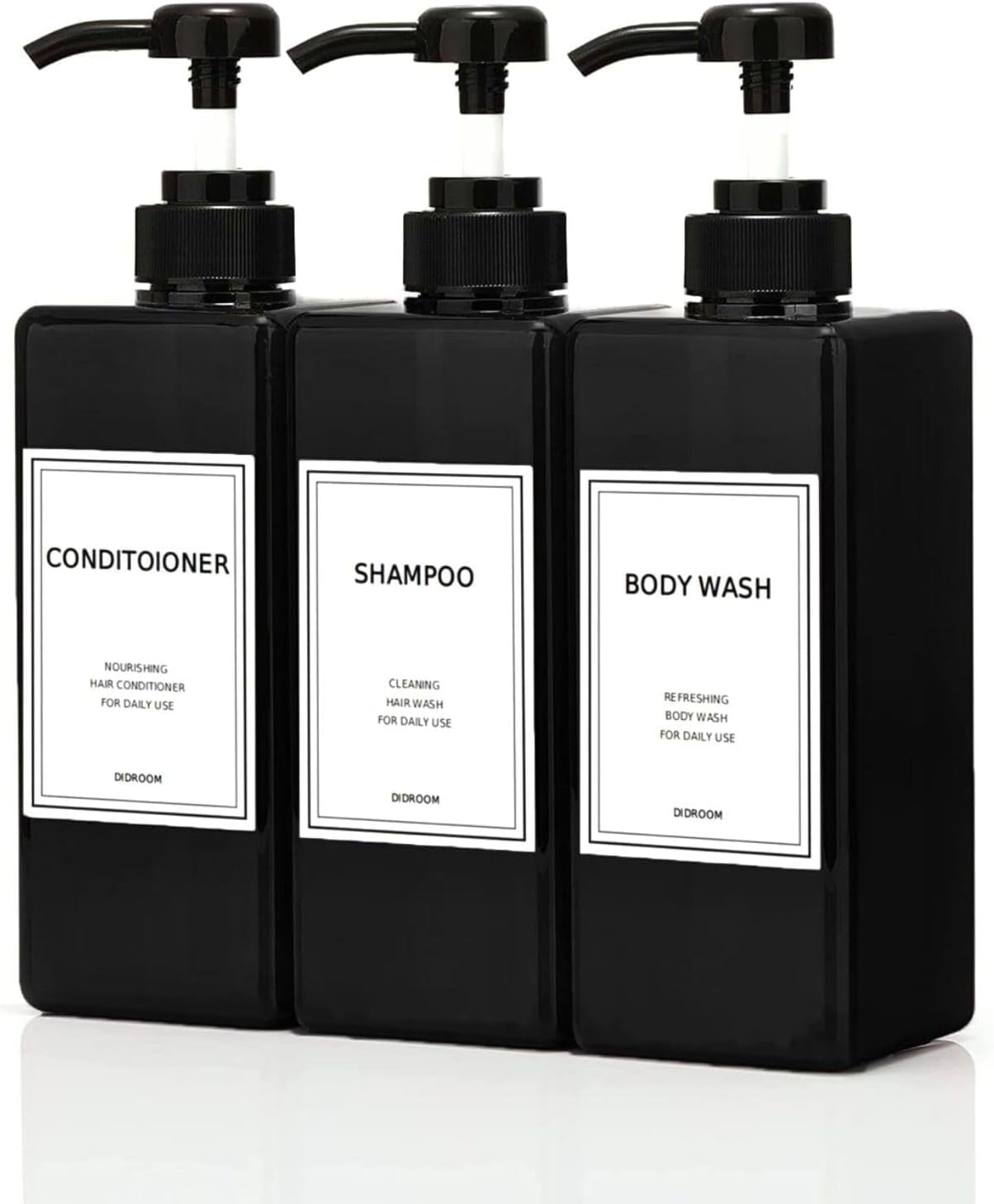 Modern Shampoo and Conditioner Dispenser (21 oz, Pack of 3) Refillable Pump Bottle Set Empty Shower Plastic Bottles with Pump for Bathroom Body Wash Soap and Shower