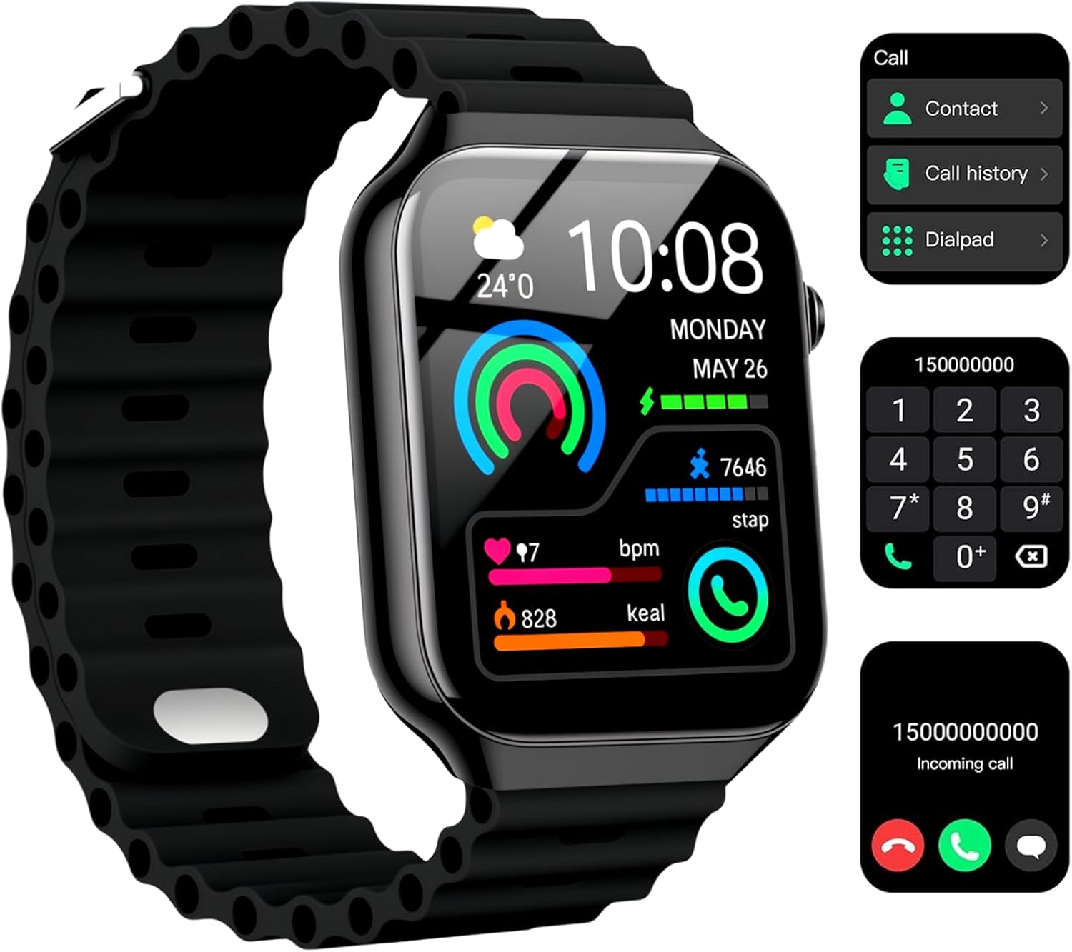 Smart Watch for Men Women, 2.09" Bluetooth AI Fitness Watch with Calling/SMS, Heart Rate/Sleep/SpO2 Monitor, Pedometer, Dual Bands, 6 Games, Android/iOS Smartwatch (Black)