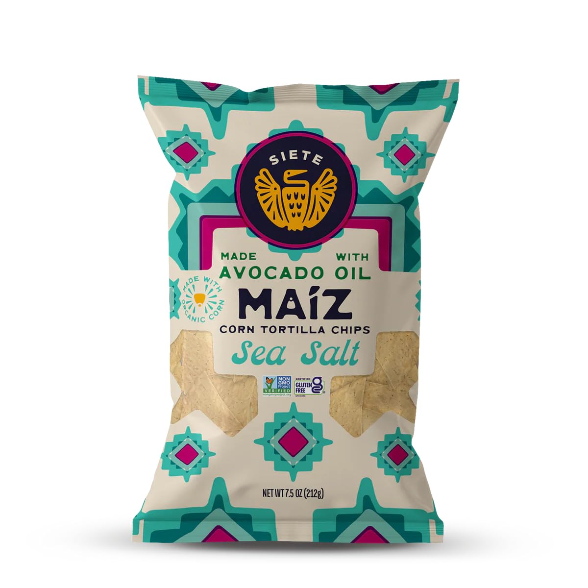 Siete Maiz Corn Tortilla Chips | Sea Salt | Gluten Free Chip | Vegan Snacks | Non GMO & Organic Corn Chip | Made with Avocado Oil | Preservative Free | 7.5 Oz. Bag (Pack of 6)