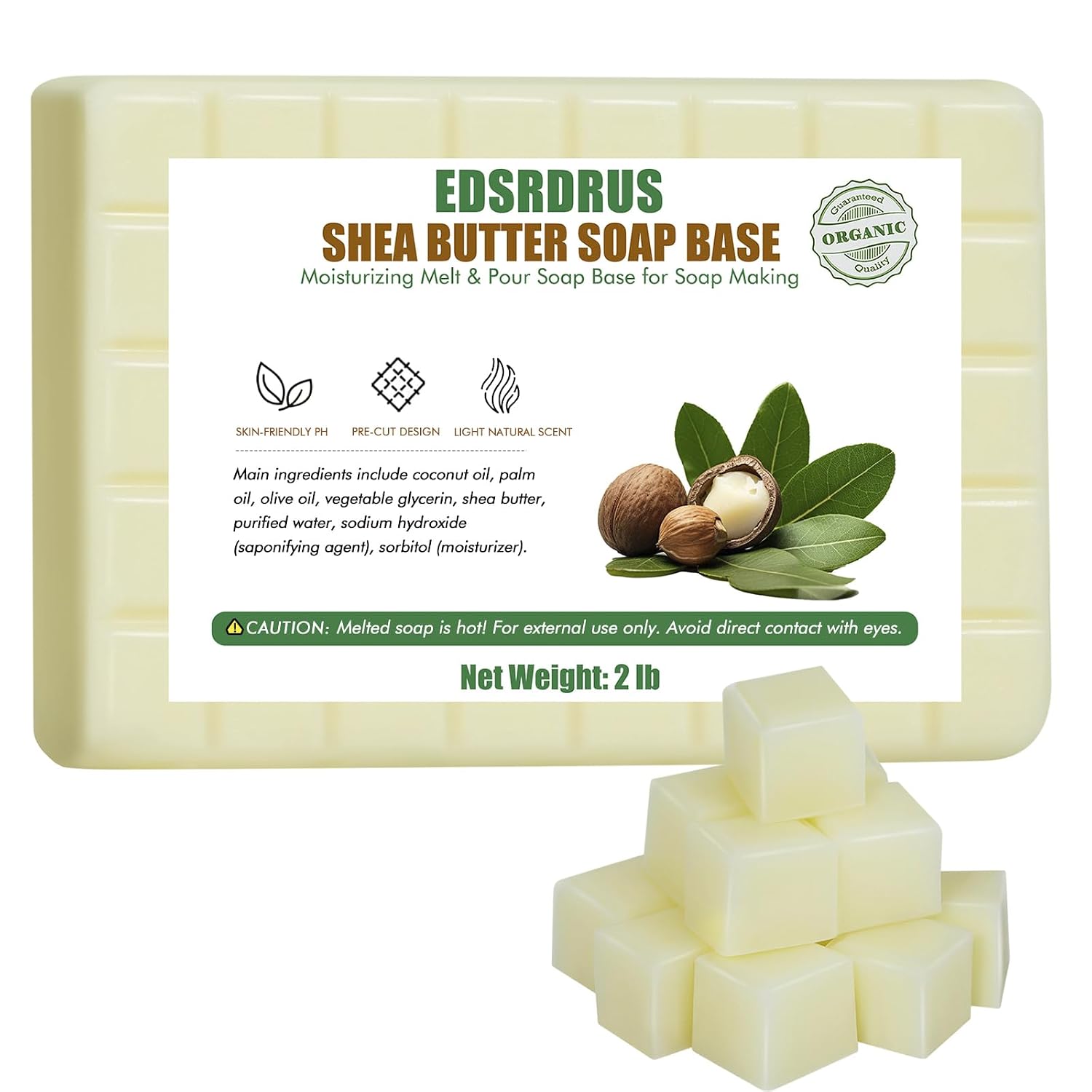 EDSRDRUS 2 lb Shea Butter Soap Base, Melt & Pour, Easy-Cut, Lightly Scented