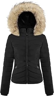 BodiLove Women's Everyday Warm Winter Quilted Puffer Short Coat High Collar Jacket with Removable Faux Fur Hood Zipper Vegan Leather Piping Water Resistant Wind Blocker Black L