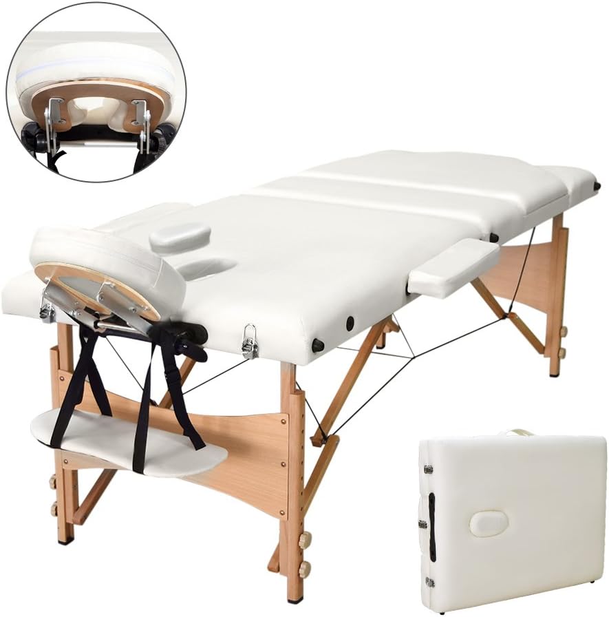 Vesgantti Portable Massage Bed Table - 3-Section Foldable Beauty Couch for Reiki Therapy Treatment Salon Healing - Metal Headrest Support/Carry Bag (Beige White)