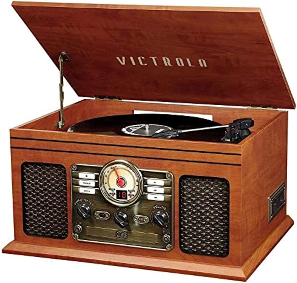 Victrola The Quincy 6-in-1 Bluetooth Record Player & Multimedia Center with Built-in Speakers – 3-Speed Turntable, CD & Cassette Player, AM/FM Radio, Wireless Music Streaming (Mahogony)