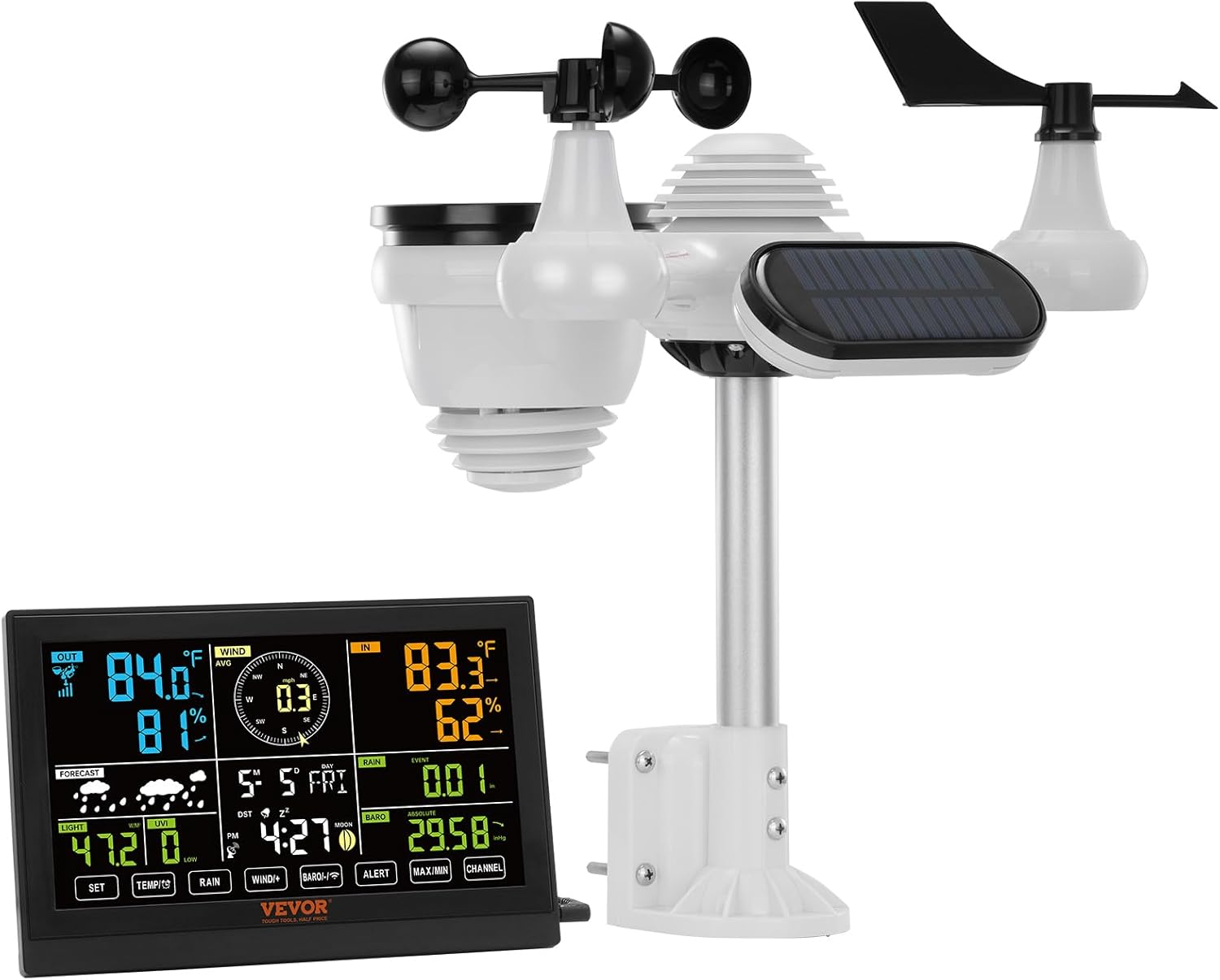 VEVOR 7-in-1 Cordless Weather Hub, 7.5" Vivid Color Screen, Digital Climate Monitor for Indoors & Outdoors, Tracks Temp, Humidity, Wind, Rain & UV, Includes Forecast, Alarm & Notifications