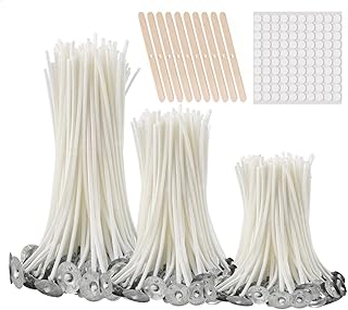 buluker300Pcs Functional Smokeless Candle Wicks,100pcs Wicks Sticker, Pre Waxed Cotton Wick with Metal Sustainer Tabs for Pillar Candle Making and Candle DIY, 9cm/3.5in,15cm/6in,20cm/8in