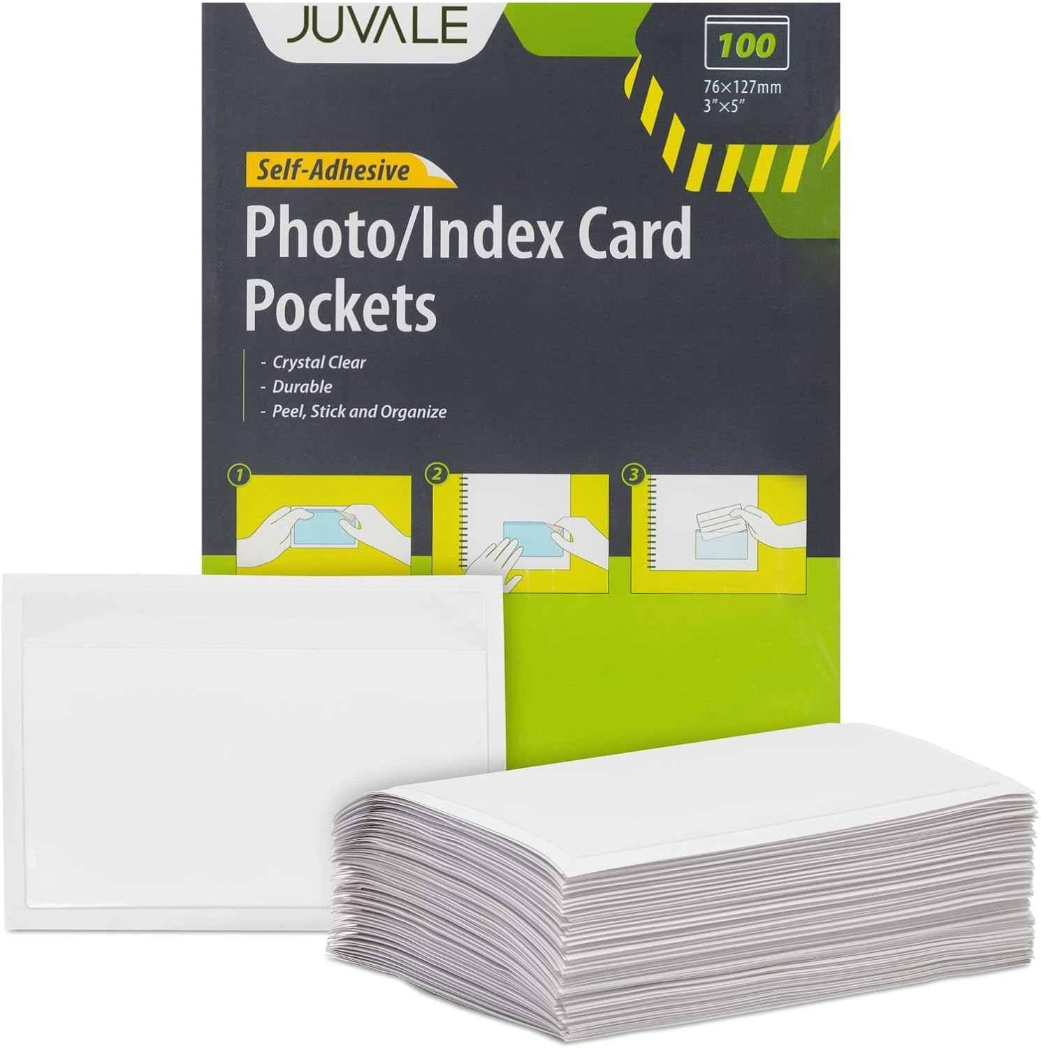 100 Pack Clear Self-Adhesive Pocket Label Holders for Index Cards 3x5, Bulk Top Load Plastic Sleeves for Storage - Clear Pocket Sleeves