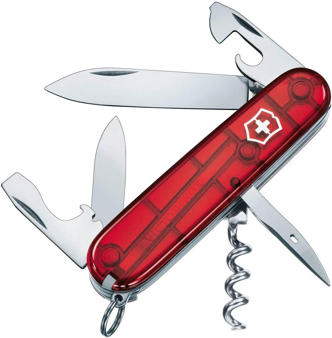 Victorinox Spartan Swiss Army Knife, Camping Pocket Knives, Medium, Multi Tool, 12 Functions, Blade, Bottle Opener, Red Transparent