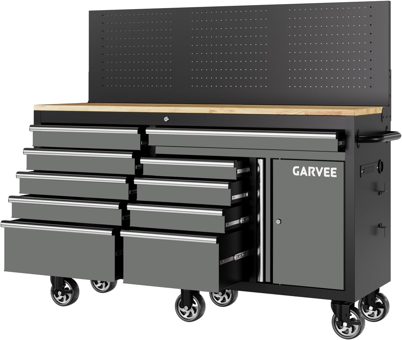 Garvee 60 in Rolling Tool Chest, 10 Drawers Mobile Garage Tool Cabinet | Heavy Duty 1750 LBS Load Workbench with Pegboard & Charging Station for Workshop, Gray