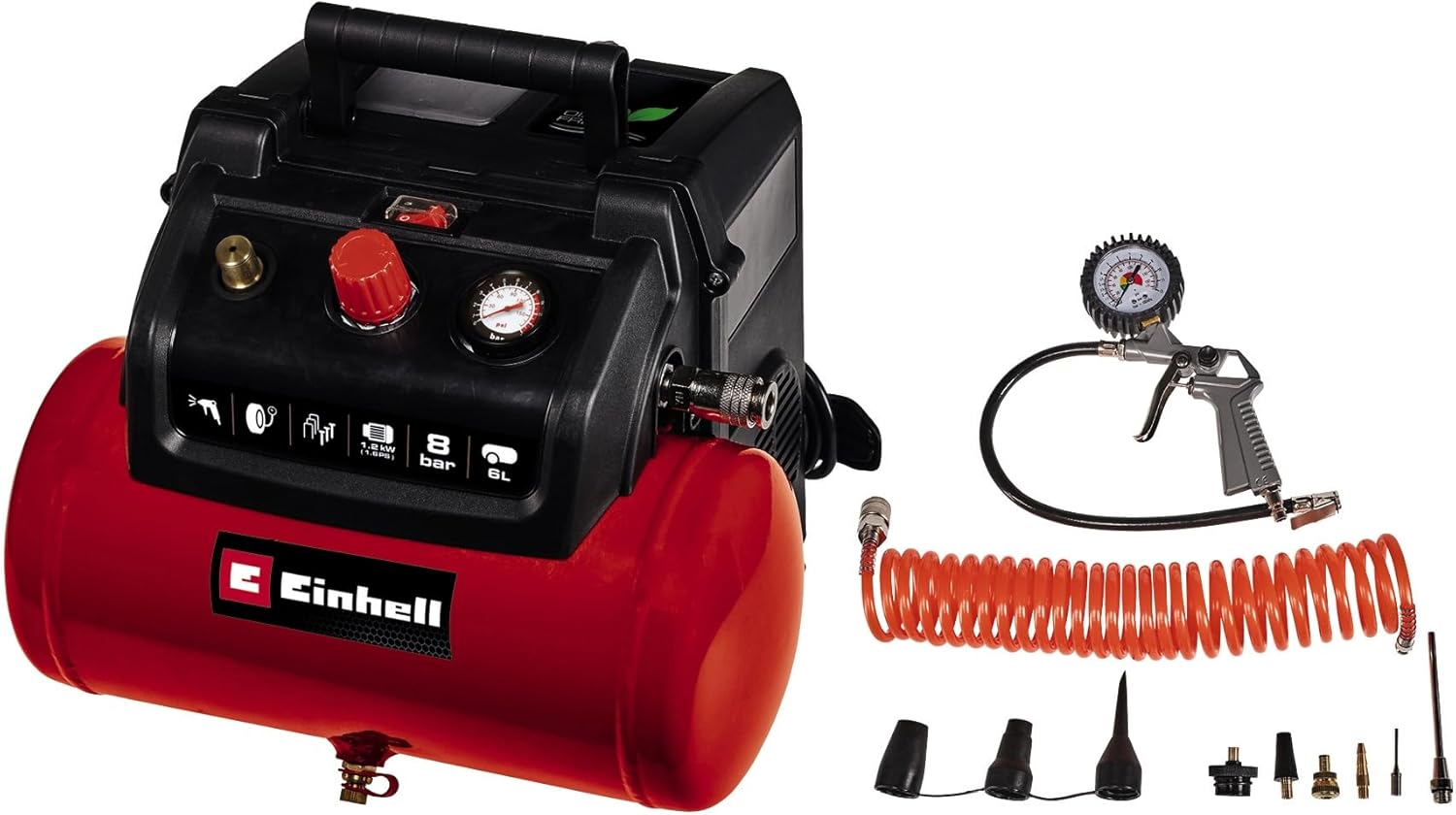 Einhell 6L Oil-Free Air Compressor With Spray Gun - 8 Bar, 116 PSI, 240V, 1200W Service-Free Motor, Pressure Reducer, Safety Valve - TC-AC 190/6/8 OF Small Compressor For Workshops, 3 Year Warranty