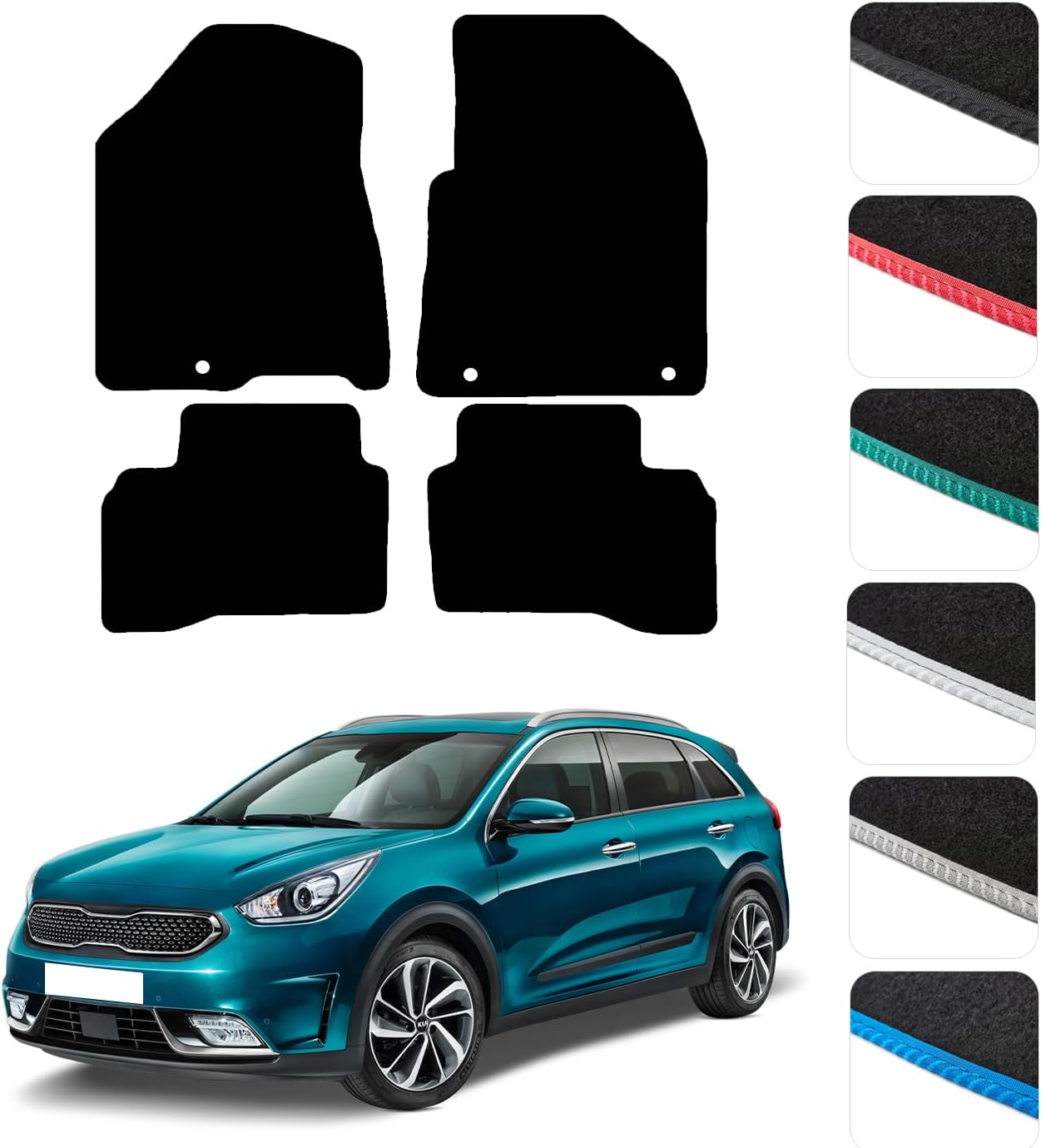 GCM - Car Floor Mats for Kia Niro 2016 To 2022 Hybrid Full Coverage Floor Protection - Anti Slip Car Mat with Clips Easy to Clean Car Carpet for All-Weather- Black Edging, Carpet