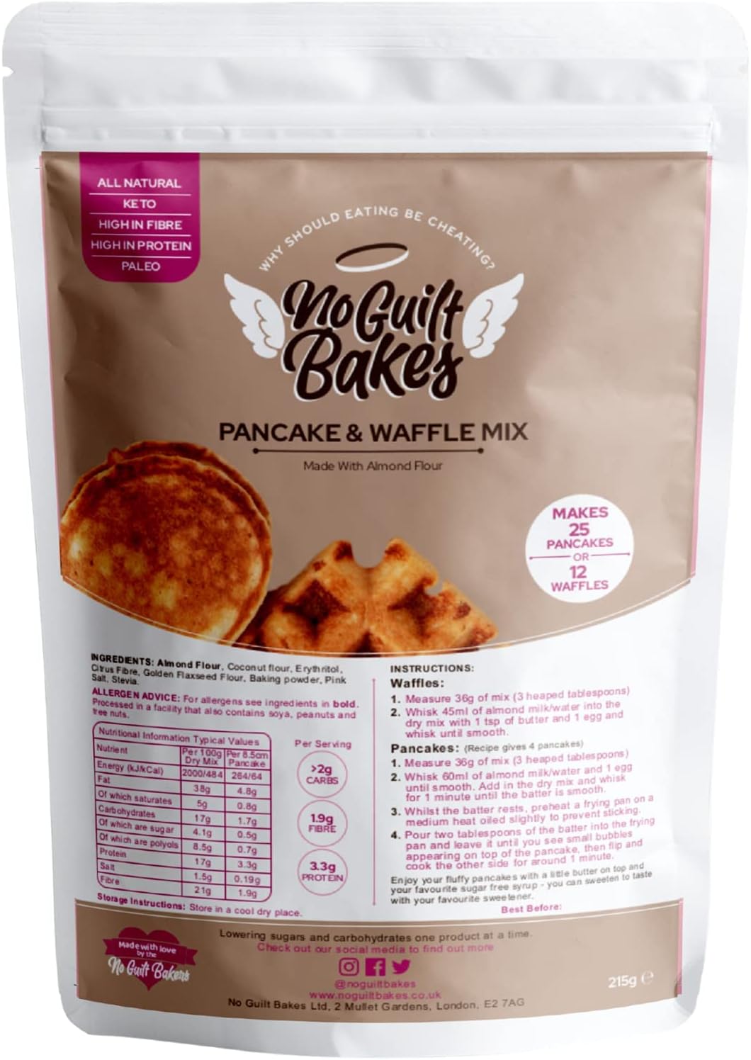 No Guilt Bakes Pancake & Waffle Mix | Authentic American-Style Pancakes | Low Carb, Keto Friendly | Gluten-Free Breakfast | No Added Sugar | Diabetic, Vegan Friendly | High Protein, Fibre | 215g Pouch