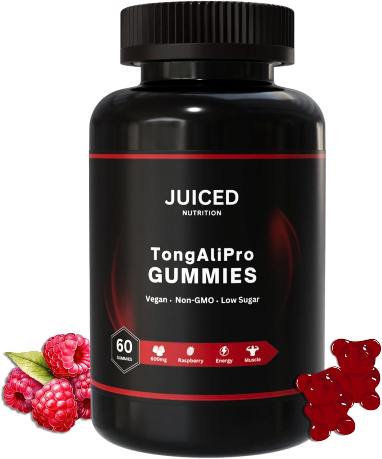 TongAliPro Gummies - 60 Gummies Raspberry Flavour - with Added Tribulus Terrestris - High Strength TongAliRoot Extract 200:1 - Energy and Vitality for Men - Power and Strength