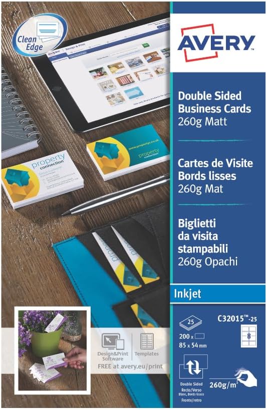 Avery Double-Sided Matt Business Cards for Inkjet Printers – 85 x 54 mm, 260gsm, Pack of 200, C32015-25