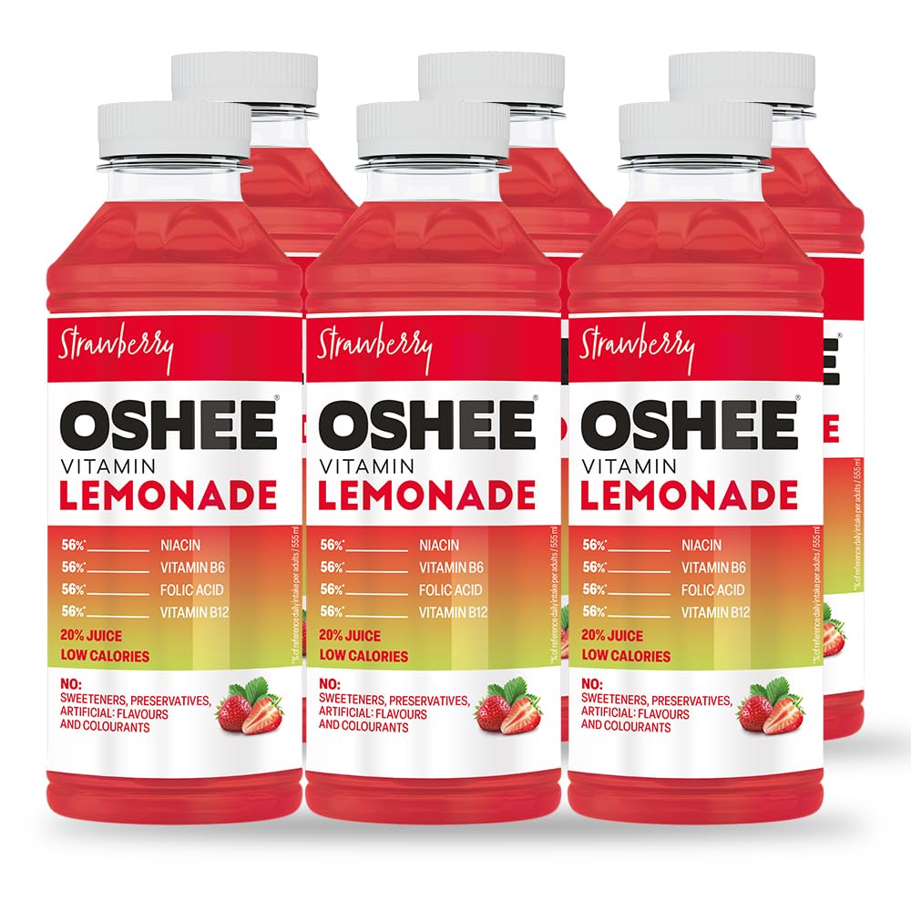 Oshee Vitamin Lemonade, Strawberry Flavour 555ml (Pack of 6) – Magnesium, Niacin, Pantothenic Acid, Vitamin B6, Folic Acid, Biotin, Vitamin B16