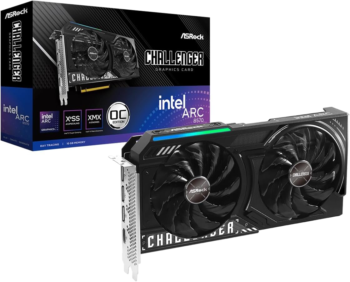 ASRock Intel Arc B570 Challenger 10GB OC GDDR6 Graphics Card, 2600 MHz GPU, 19 Gbps Memory, Dual Fan, Metal Backplate, HDMI 2.1a, DisplayPort 2.1, 0dB Cooling