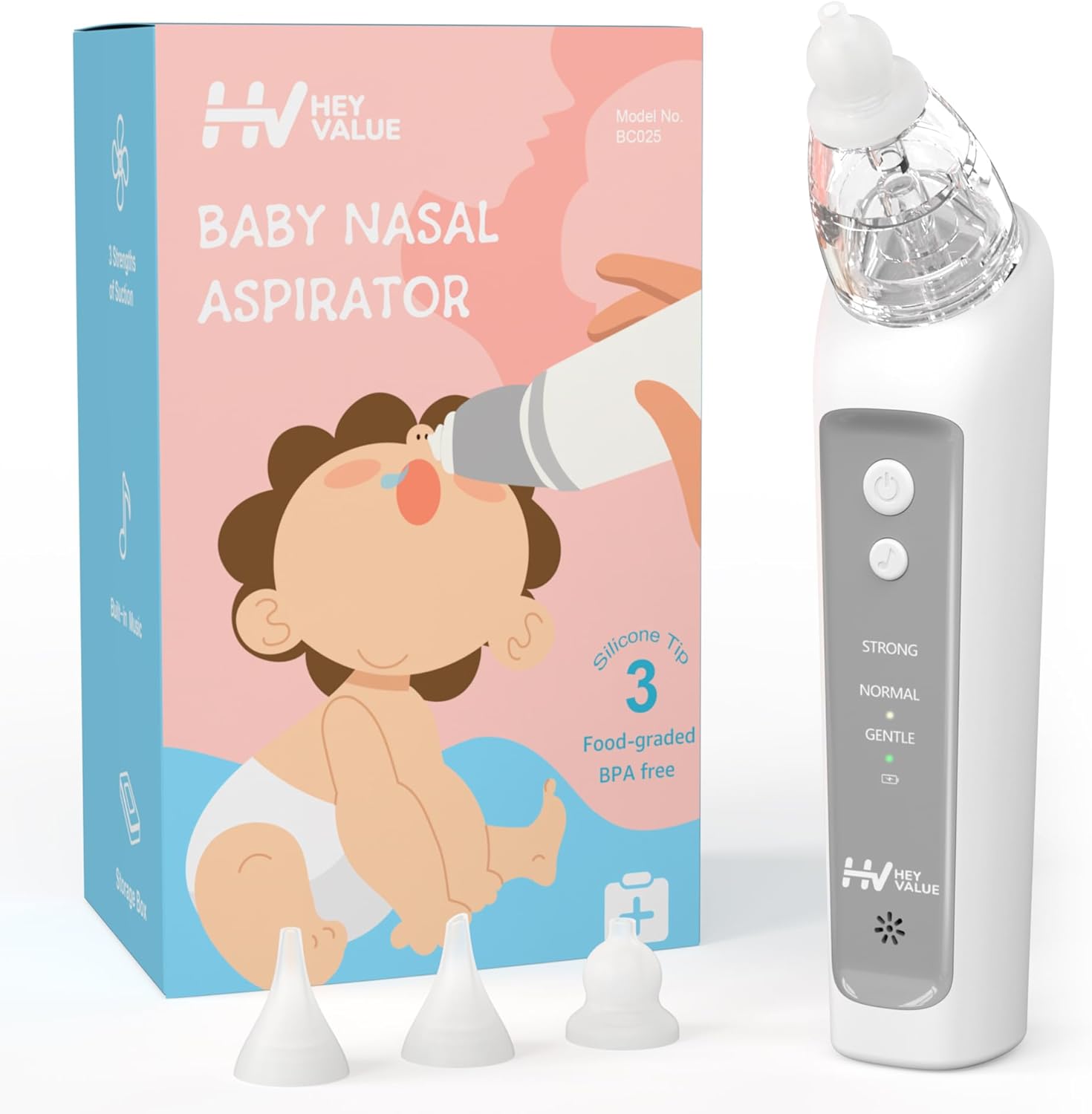 HEYVALUE Nasal Aspirator for Baby, Electric Baby Nose Sucker, Automatic Nose Cleaner with 3 Silicone Tips, Adjustable Suction Level and Music Soothing Function
