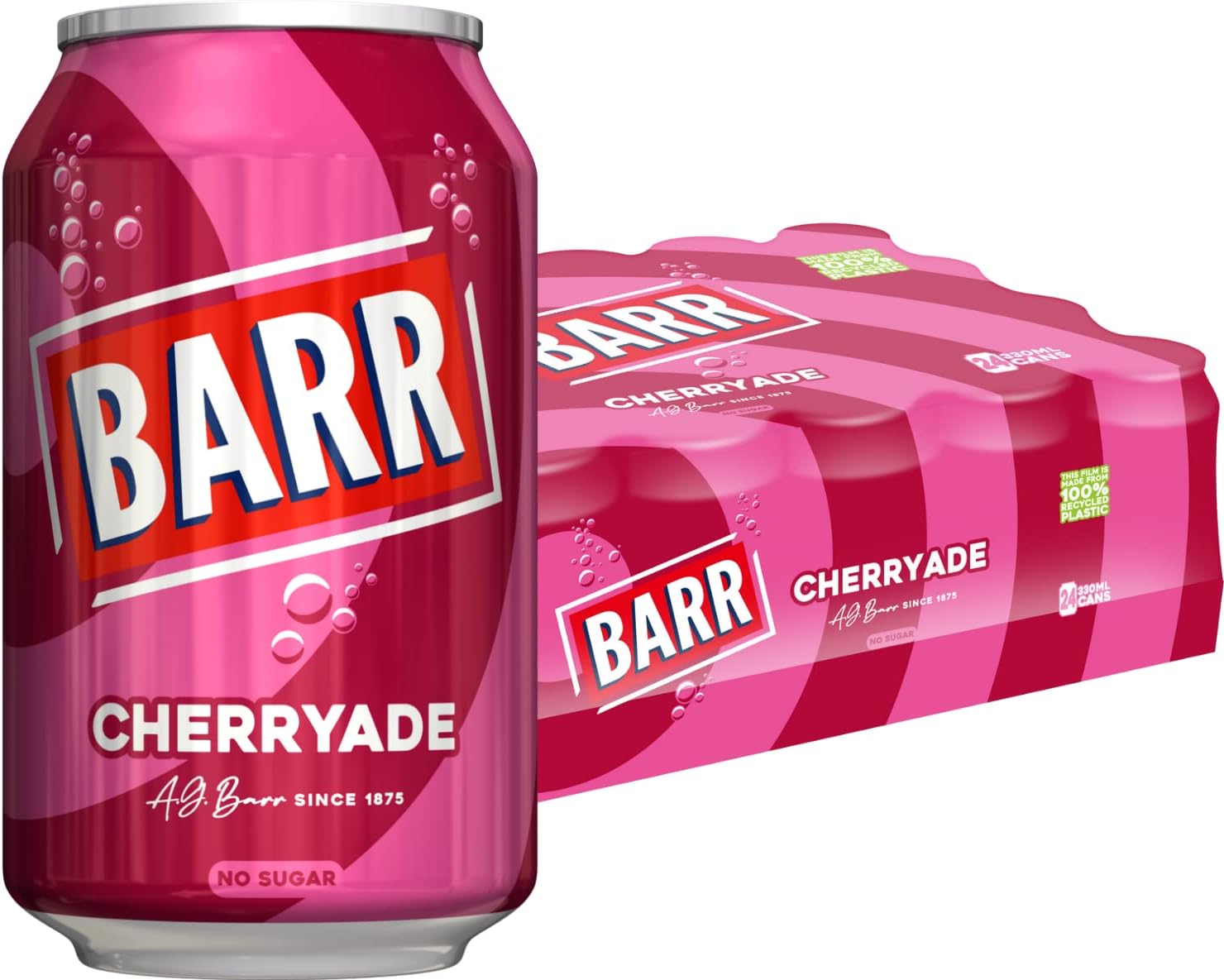 BARR since 1875, 24 Pack Cherryade, Zero No Sugar Cherry Flavoured Fizzy Drink Cans "Fizzingly Fun" - 24 x 330ml Cans