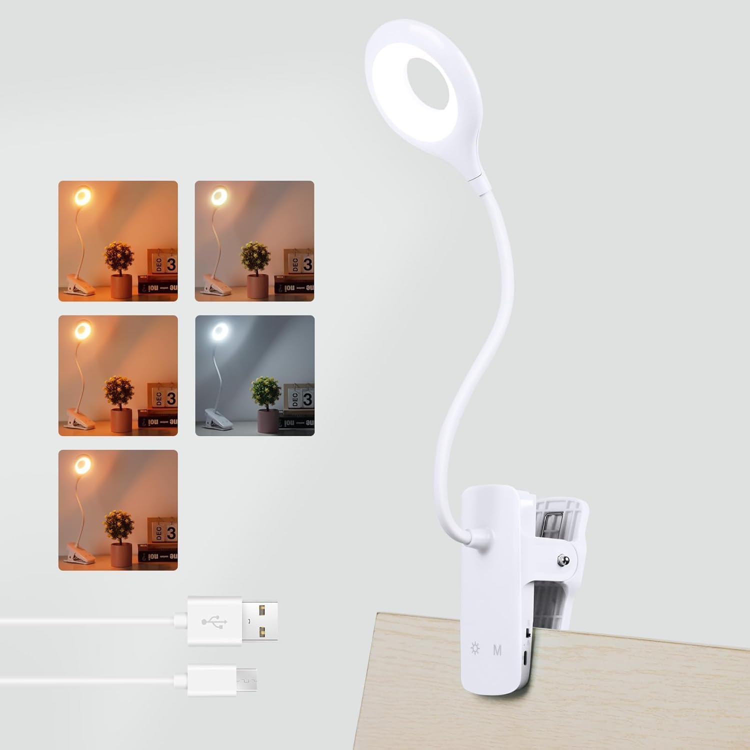Akynite 3W Rechargeable Clip Lamp Flexible, Type C Charging, 5 Colour & 5 Brightness, Touch Dimmable Bedside Reading Lamp, Battery Desk Light Clip on, Reading Light Clip on Bed, White
