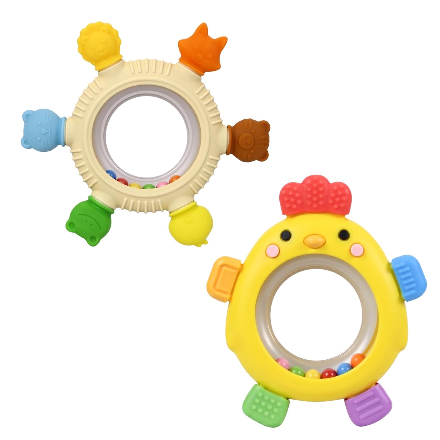 2 Pack Sensory Toys for Babies,Baby Teething Rings Toys for 0-6 6-12 Months Baby Rattle Teether Silicone Teether Relief Chew Soothing,BPA Free,Sore Gums Babys Teethers Toys