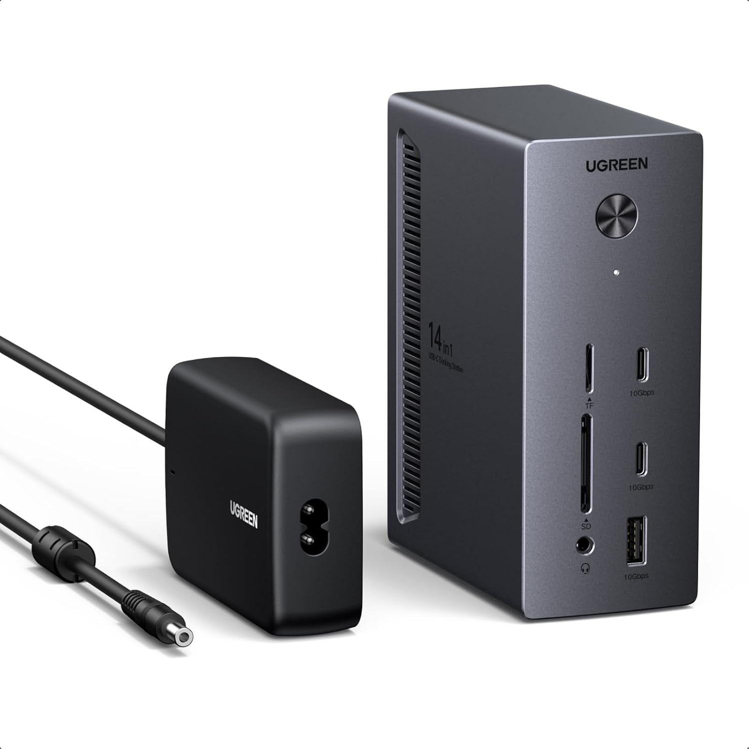 UGREEN 14 in 1 USB C Docking Station 3 Monitors Revodok Pro 314 with 8K DP/4K HDMI, 100W PD, 10Gbps USB Ports, Gigabit Ethernet, SD/TF 170MB/s, 3.5mm Audio, 90cm Cable.140W Power Adapter (2HDMI & DP)