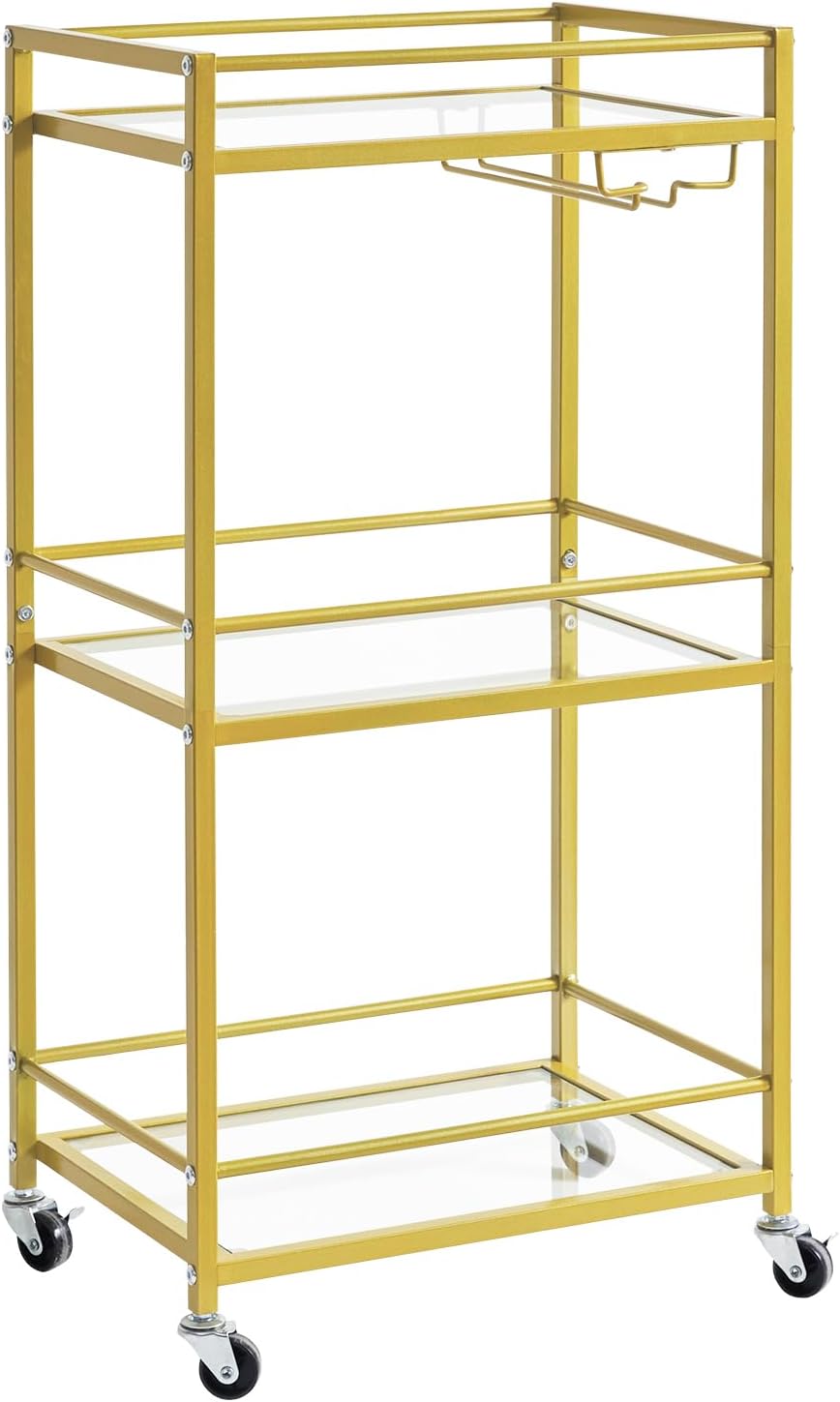 IBUYKE Home Bar Serving Cart,Small Bar Cart with 3-Tier Glass Shelf, Mobile Drink Shelf with Wine Holders and Glass Holders,Mini Bar for Outdoor, Small Space, Kitchen Gold TMJ519G
