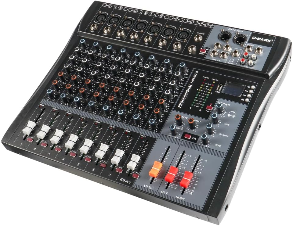 G‑MARK MR80S 8‑Channel Analog Audio Mixer, USB Bluetooth Mixing Console with 48V Phantom Power & Reverb Effect, Sound Board Controller for PC Recording, Stage DJ, Live Streaming & Studio