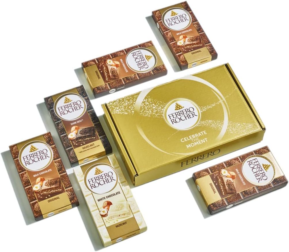 Ferrero Rocher, Chocolate Bundle Gift Box, 4 x Original milk chocolate bars, 1 x Dark 55 percent chocolate bar with hazelnut and 1 x White chocolate bar with hazelnut, 6 x 90g bars