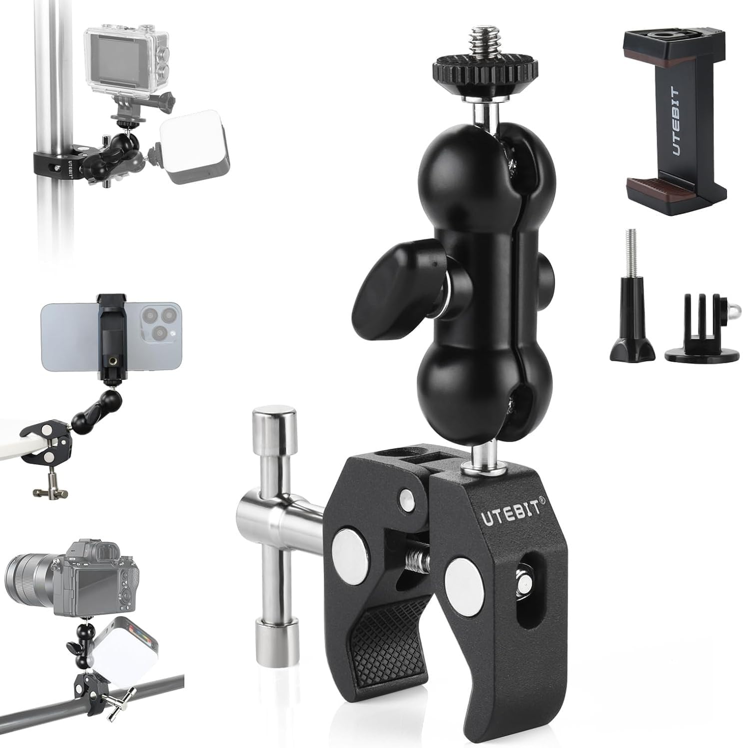 UTEBIT Super Clamp Camera Mount with 360° Ballhead Magic Arm, Super Clamp Mount with 1/4" and 3/8" Thread, Desk/Bike/Bicycle/Motorcycle/ Handlebar for GoPro, Phone, Camera, Monitor, LED Light