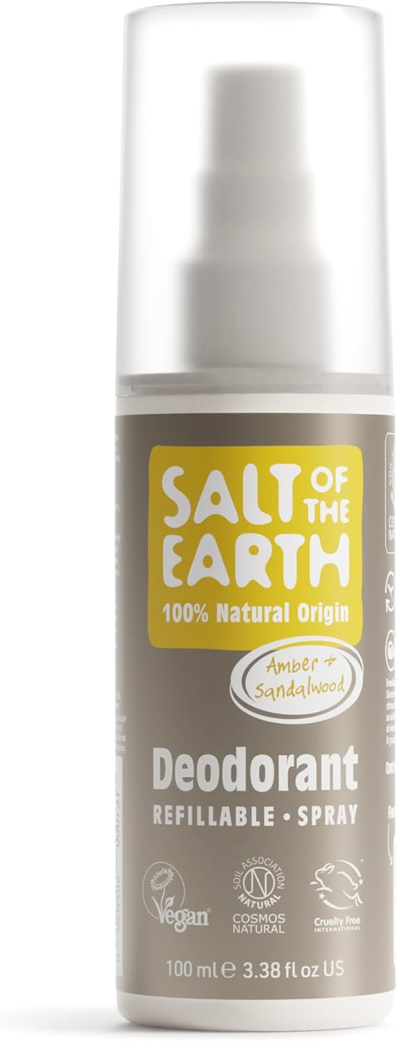 Salt of the Earth - Refillable Natural Deodorant Spray - Vegan & Cruelty Free - Certified 100% Natural Origin Ingredients - Suitable for Men, Women & Kids - Amber & Sandalwood - 100ml