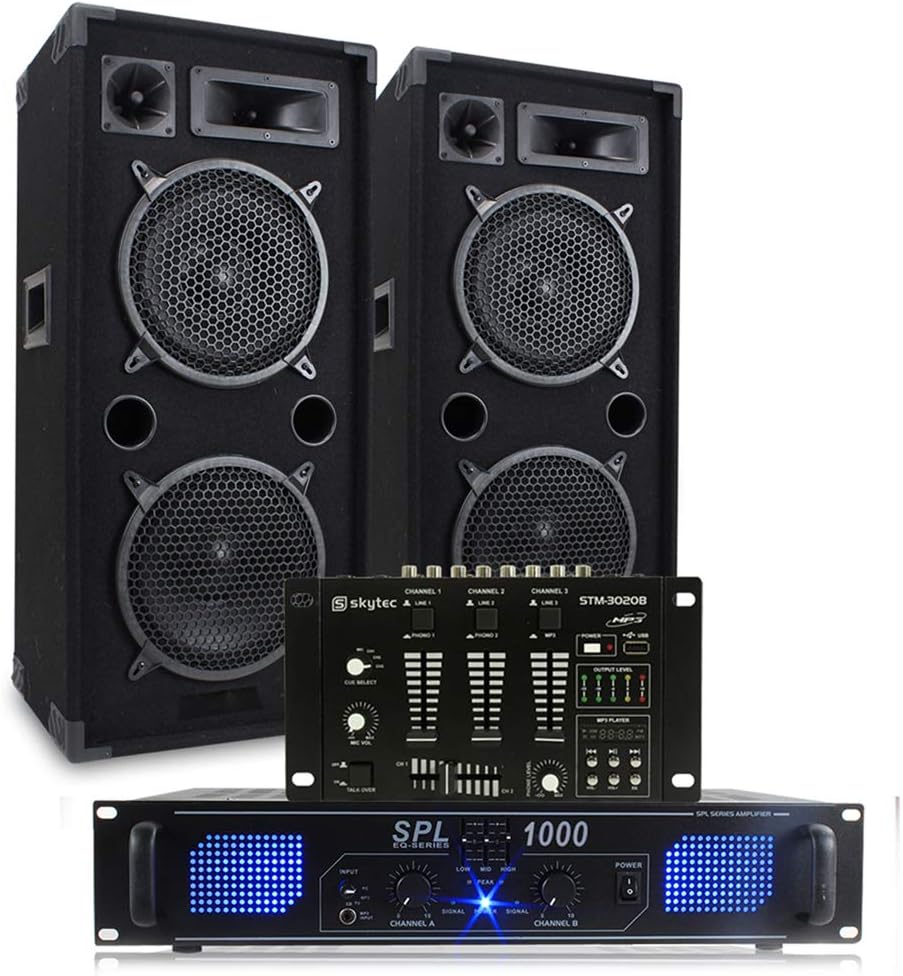 Max Dual 10" Passive DJ Speaker and Amplifier System with Skytec Mixer - Complete 1000W PA Sound Setup for Disco, Home DJ, Karaoke, Parties & Events