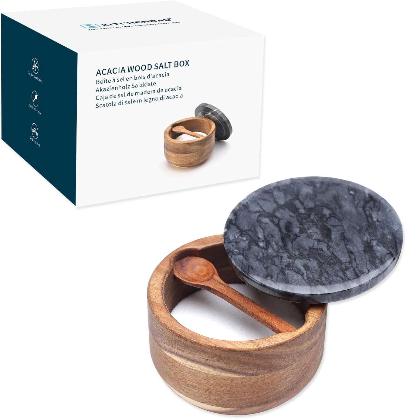 KITCHENDAO Large Acacia Salt Cellar Box Bowl with Built-in Spoon and Marble Lid, Solid Natural Acacia Wood Bath Sea Salt Container, Black Marble Lid, Pepper Sealer Pinch Bowl, 10oz Capacity