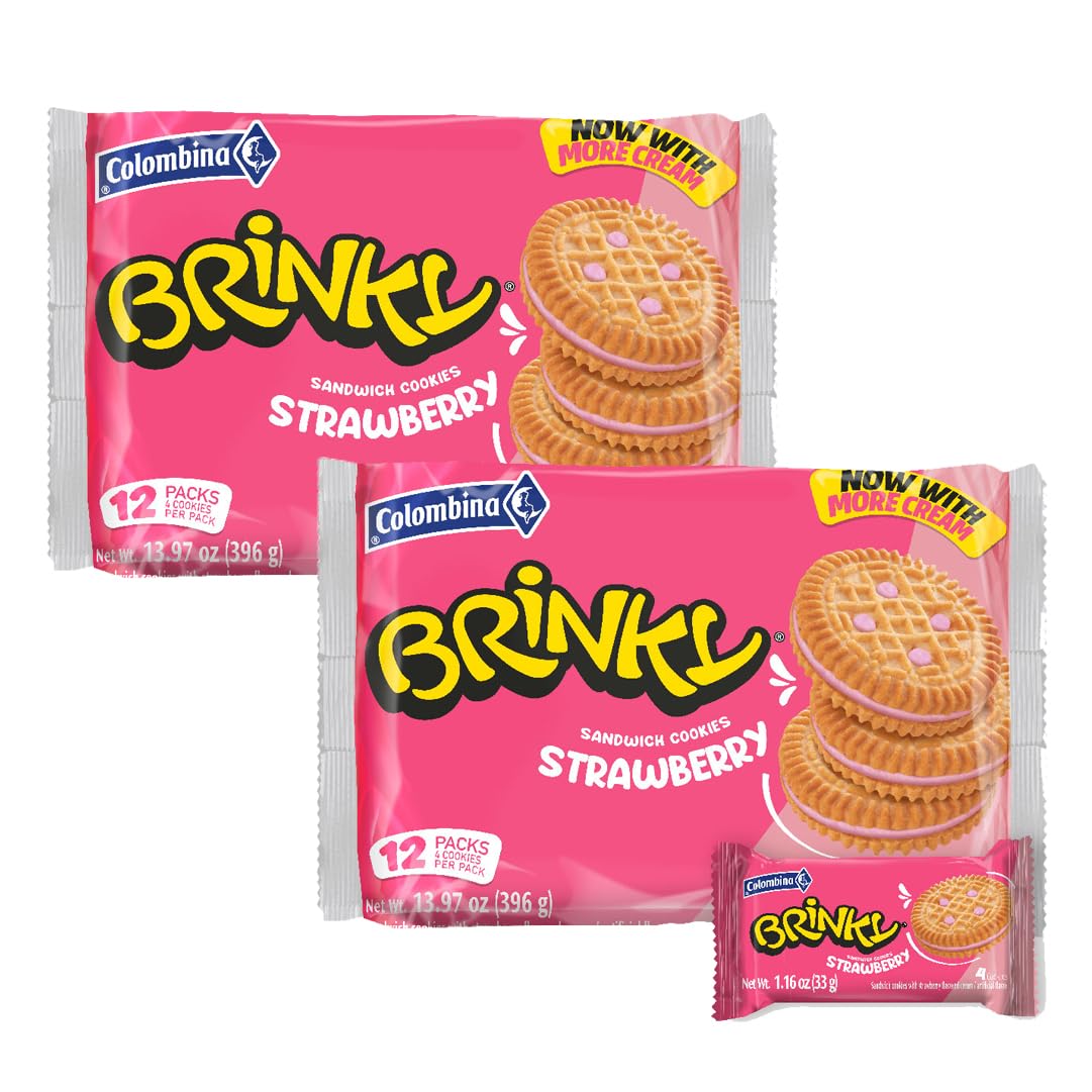 Colombina Brinky Cookies - Crunchy Sandwich Cookies w/ Chocolate Cream Filling - 12 Individually Wrapped Snack Packs w/4 Cookies Each - Excellent Pantry Staples or Party Favors (13.97 oz) (Strawberry, 2 pack)